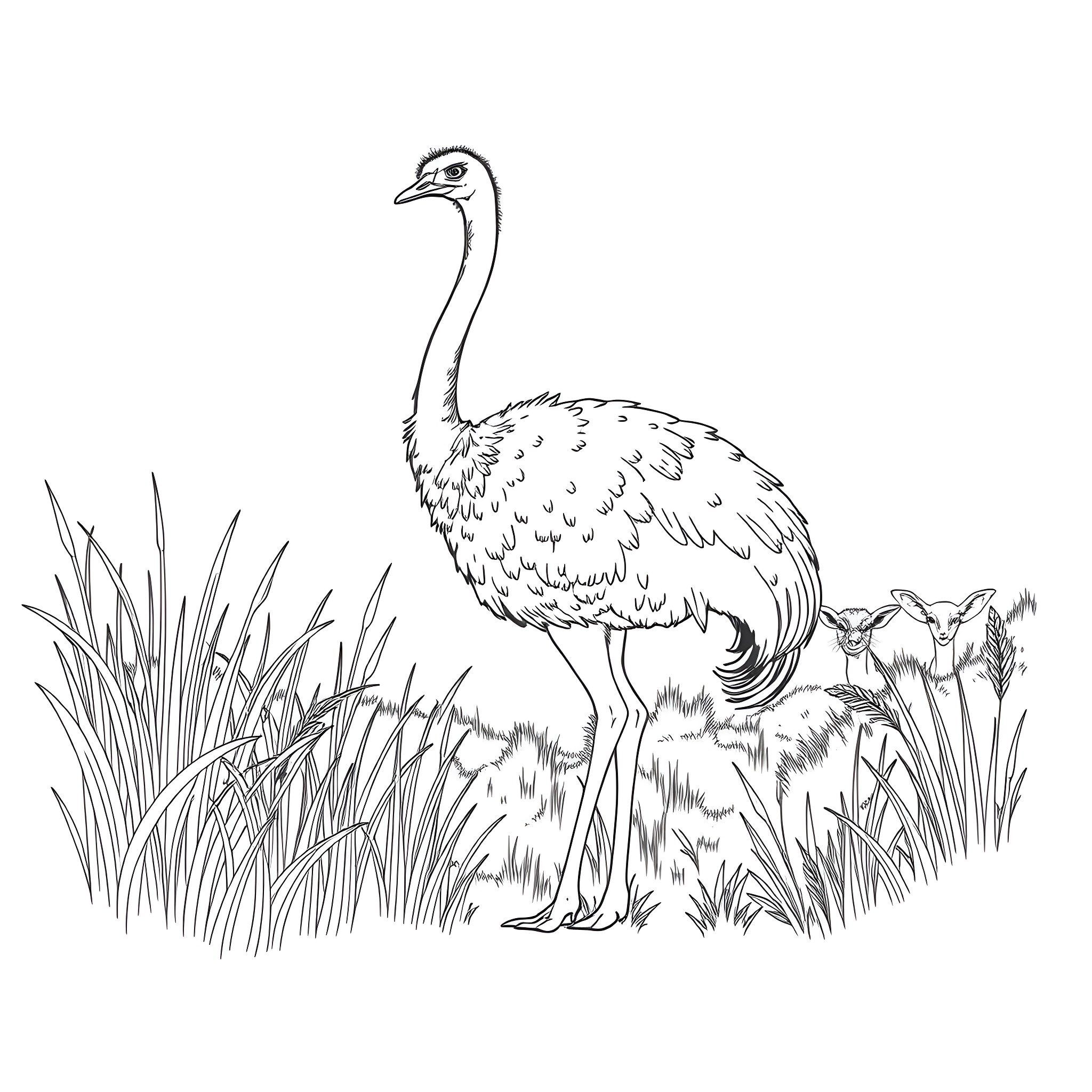 Ostrich standing amidst tall grass Coloring Page (free black-and-white line drawing printable PDF for all, from beginners to advanced learners, including children, teens, adults, and seniors)