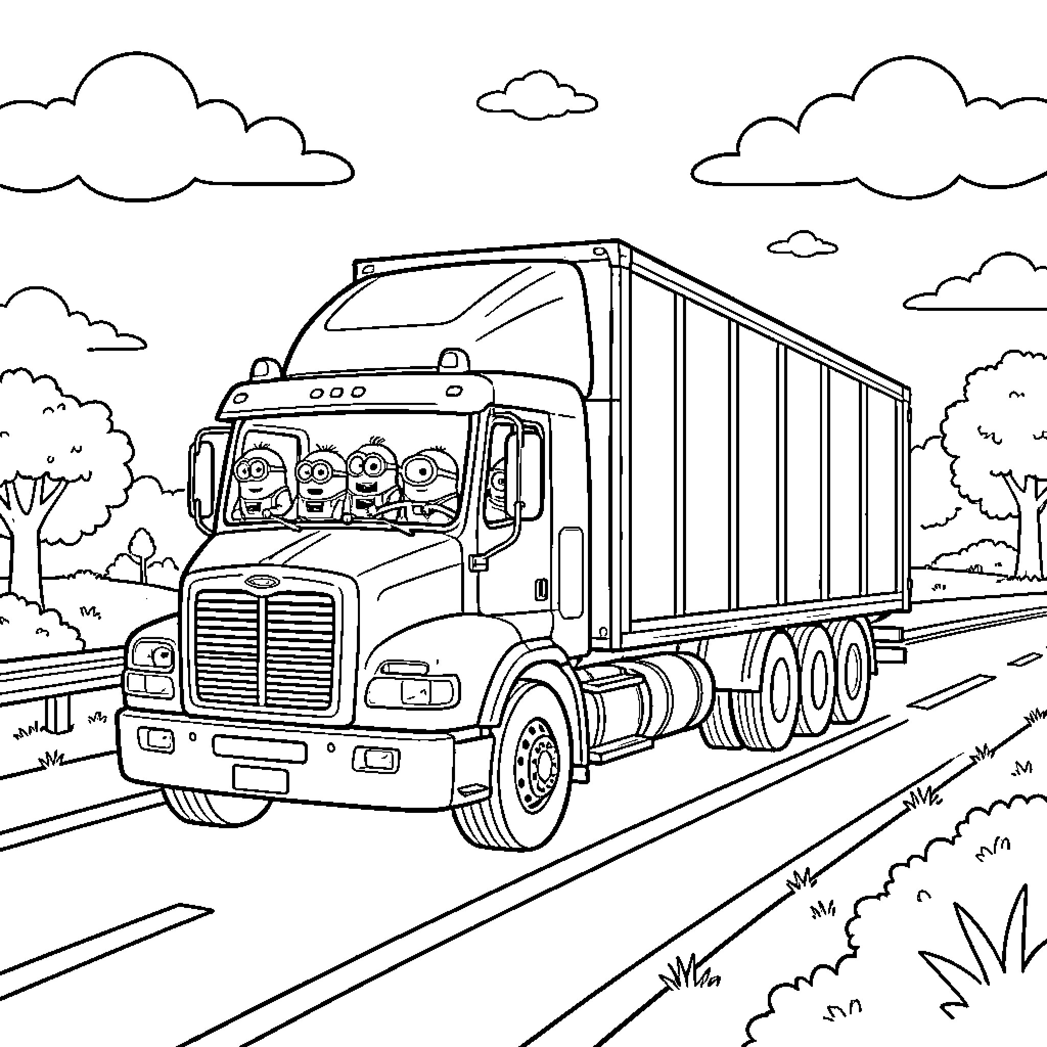 Minion truck delivering packages on the road Coloring Page (free black-and-white line drawing printable PDF for all, from beginners to advanced learners, including children, teens, adults, and seniors)