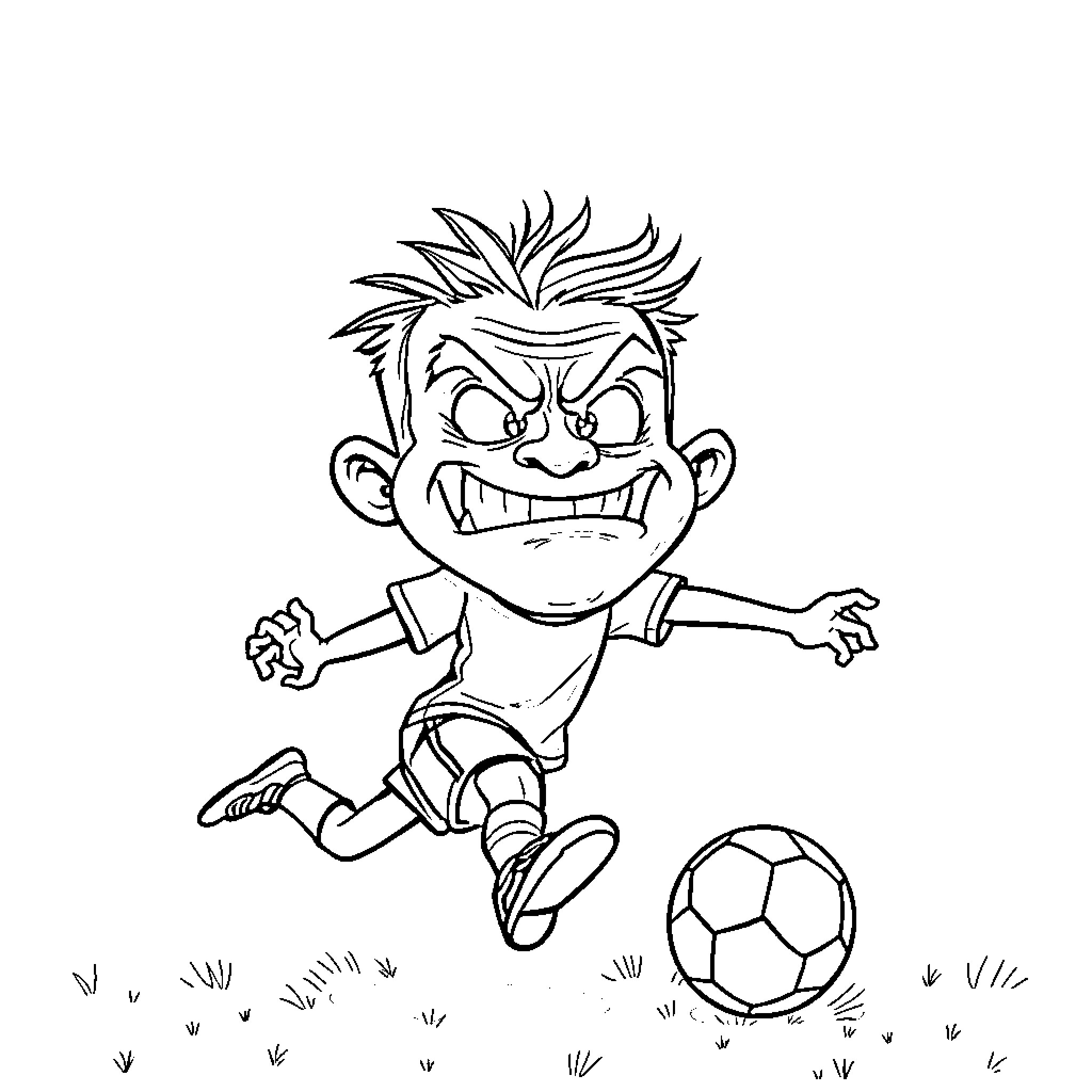 Stinker Face playing with soccer ball in the yard Coloring Page (free black-and-white line drawing printable PDF for all, from beginners to advanced learners, including children, teens, adults, and seniors)
