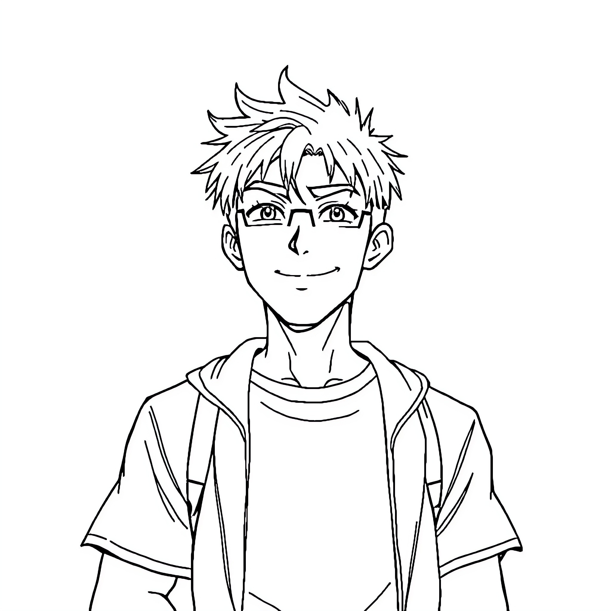 Yoichi Sae's Cheerful Expression in Casual Attire Coloring Page (free black-and-white line drawing printable PDF for all, from beginners to advanced learners, including children, teens, adults, and seniors)