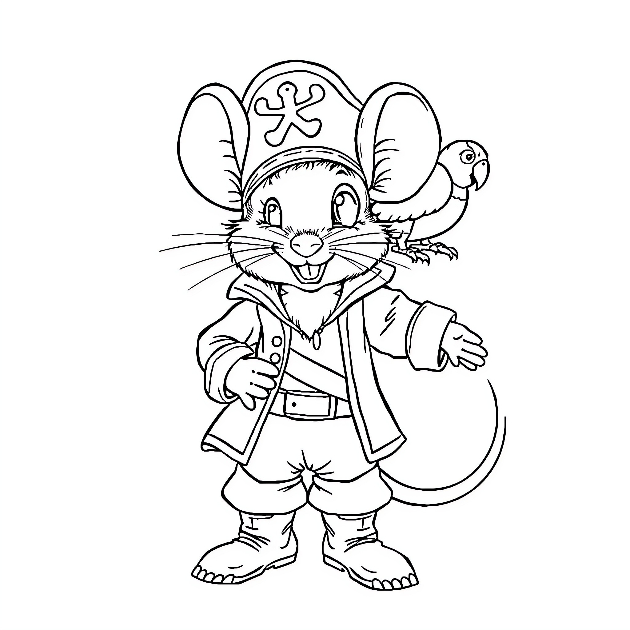 Mouse dressed as a Pirate Coloring Page (free black-and-white line drawing printable PDF for all, from beginners to advanced learners, including children, teens, adults, and seniors)