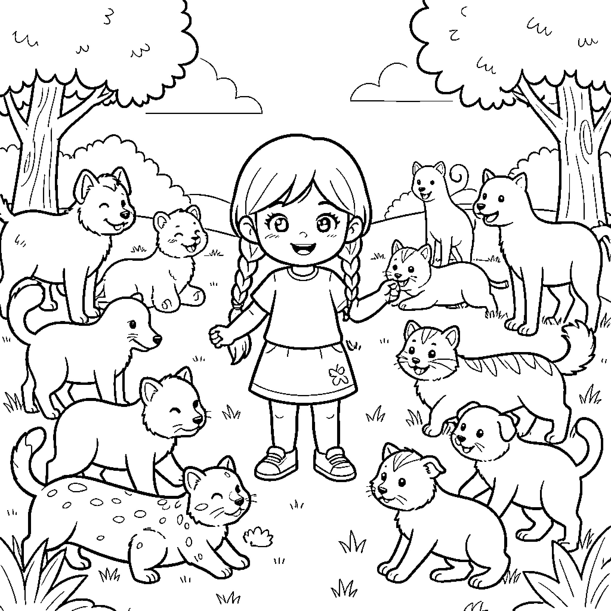 Fille smiling while surrounded by many playful animals Coloring Page (free black-and-white line drawing printable PDF for all, from beginners to advanced learners, including children, teens, adults, and seniors)