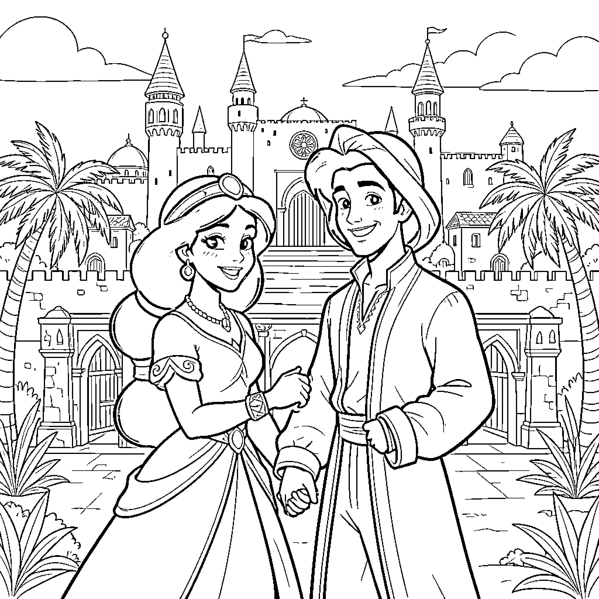 Jasmine and Aladdin's Royal Stroll Coloring Page (free black-and-white line drawing printable PDF for all, from beginners to advanced learners, including children, teens, adults, and seniors)