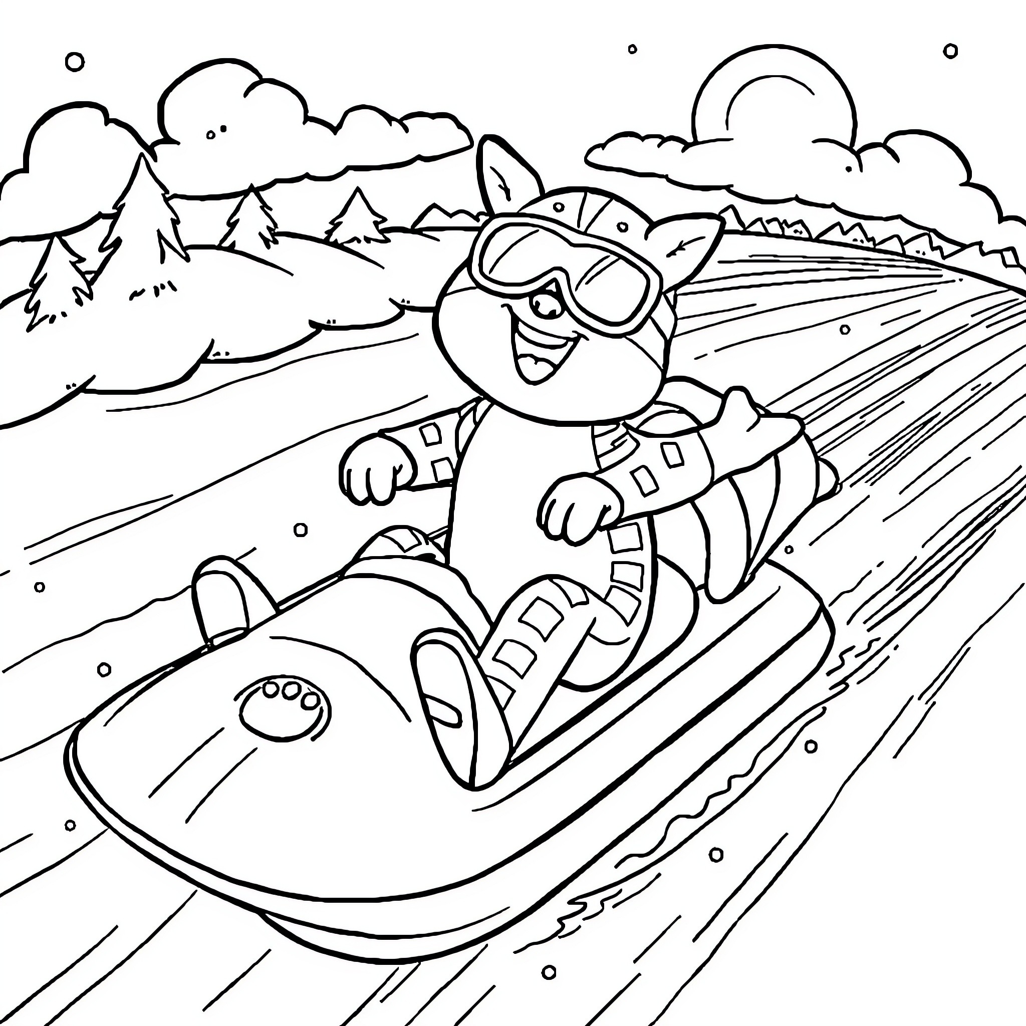 Paw Patrol character racing on a sled Coloring Page (free black-and-white line drawing printable PDF for all, from beginners to advanced learners, including children, teens, adults, and seniors)