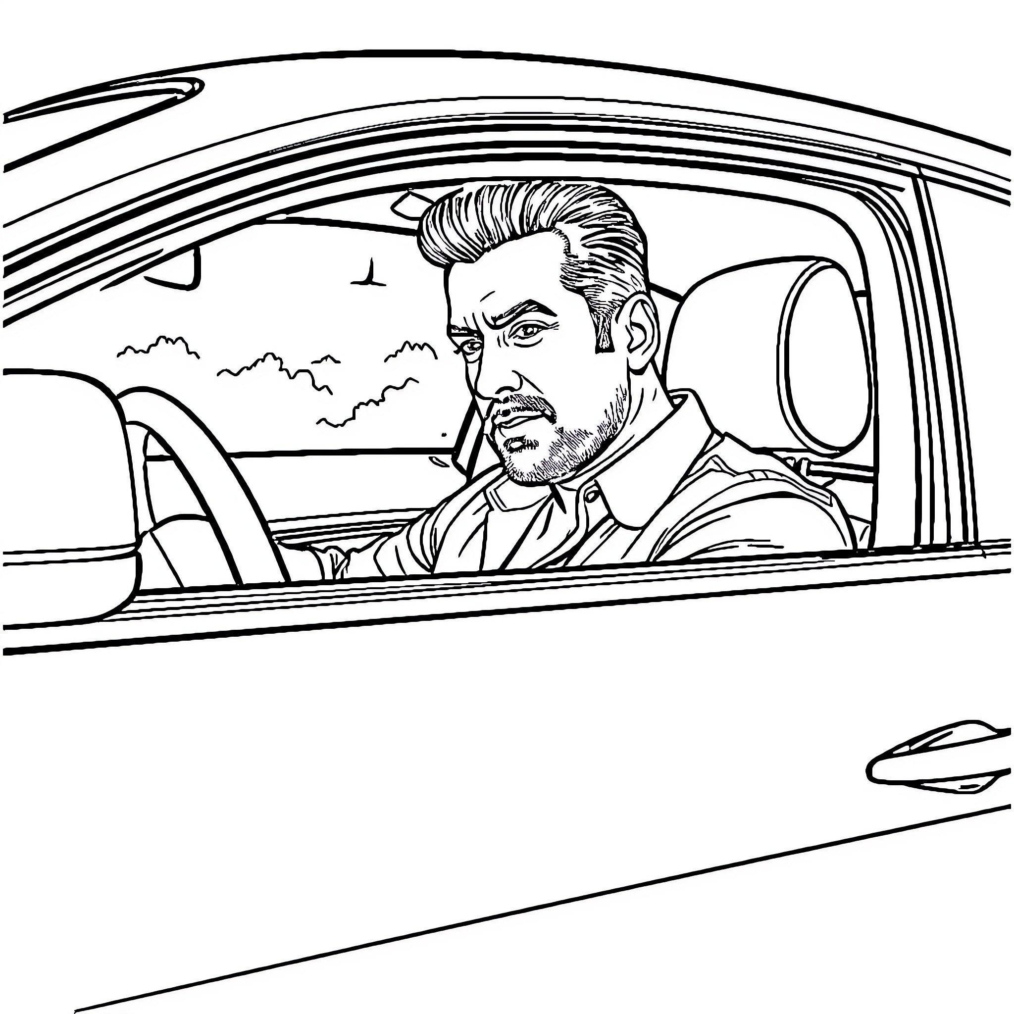 Salman Khan driving car with serious expression Coloring Page (free black-and-white line drawing printable PDF for all, from beginners to advanced learners, including children, teens, adults, and seniors)