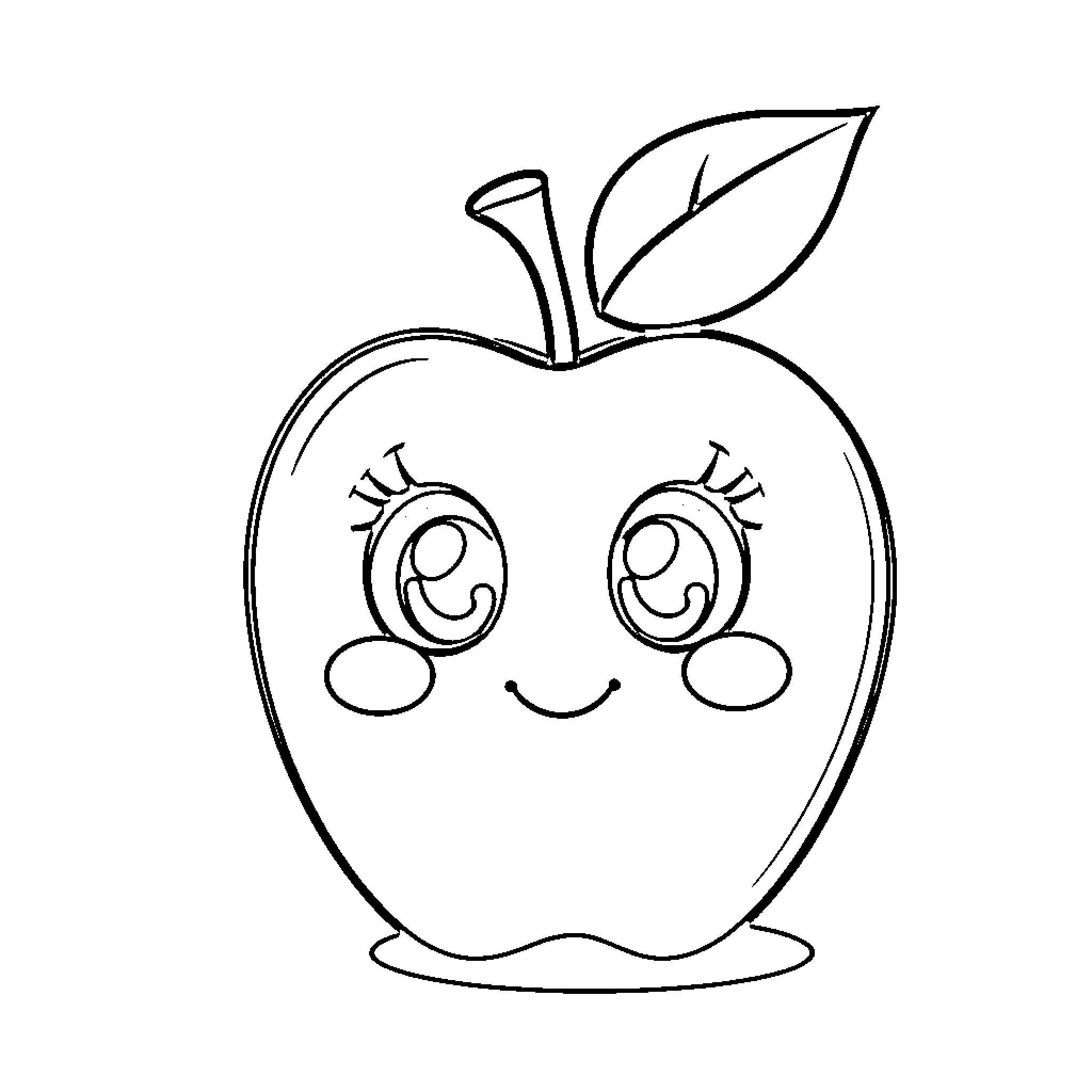 Apple with a happy expression Coloring Page (free black-and-white line drawing printable PDF for all, from beginners to advanced learners, including children, teens, adults, and seniors)