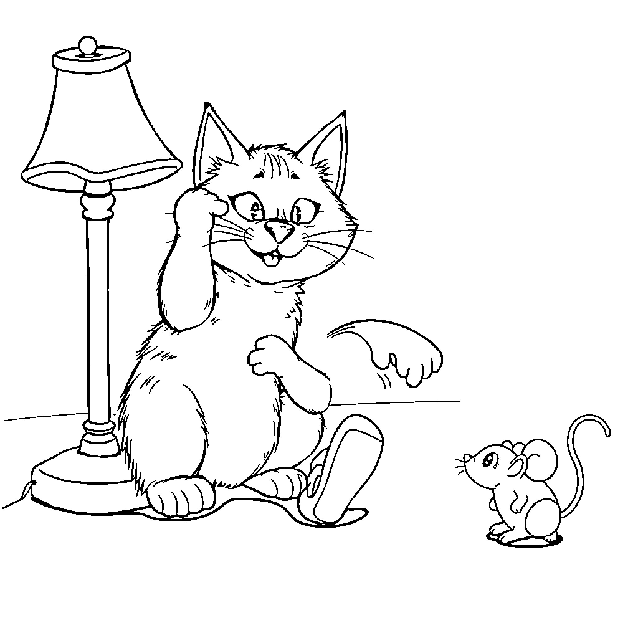 Cat and Mouse Playing by Lamp Coloring Page (free black-and-white line drawing printable PDF for all, from beginners to advanced learners, including children, teens, adults, and seniors)