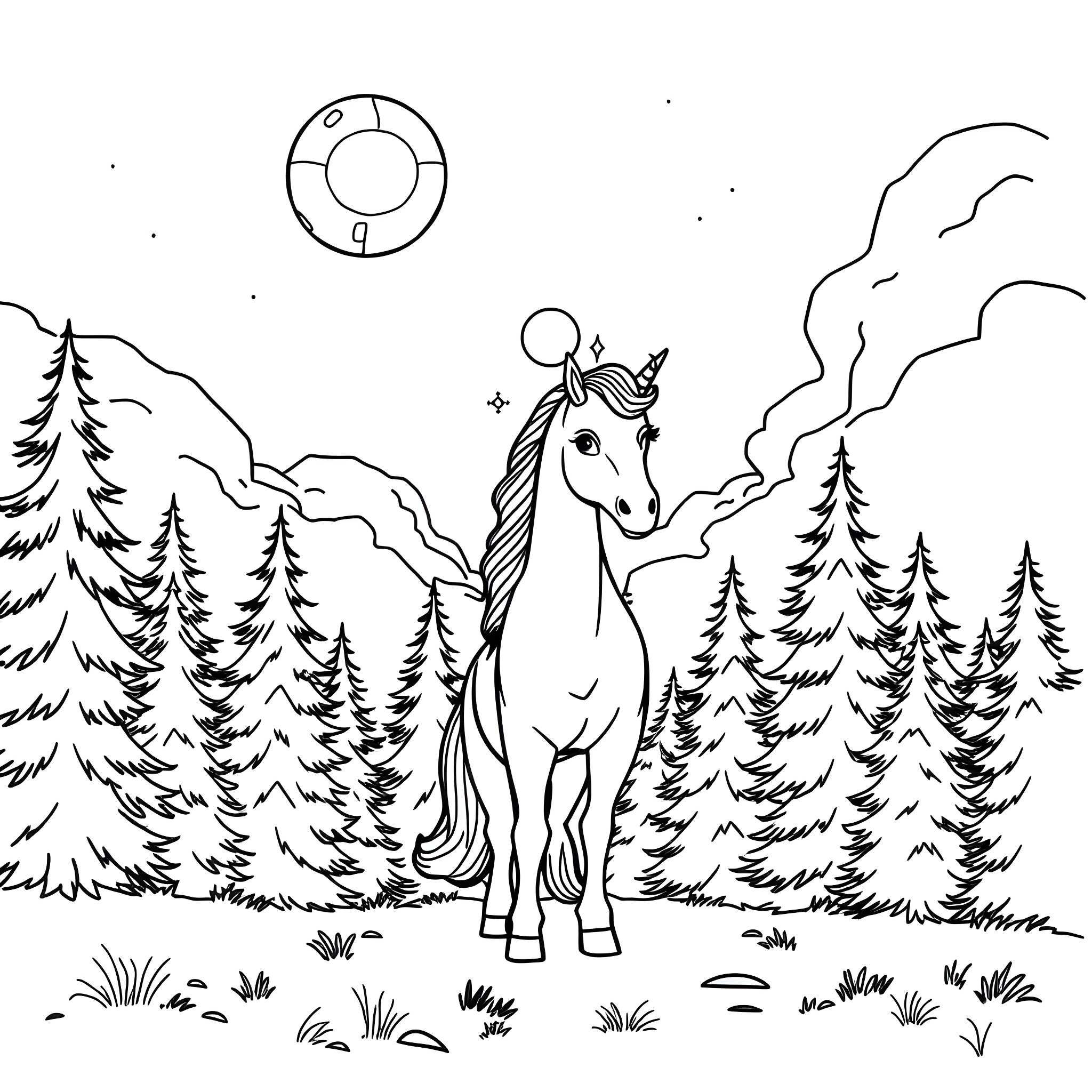 Unicorn standing in the magical forest landscape Coloring Page (free black-and-white line drawing printable PDF for all, from beginners to advanced learners, including children, teens, adults, and seniors)