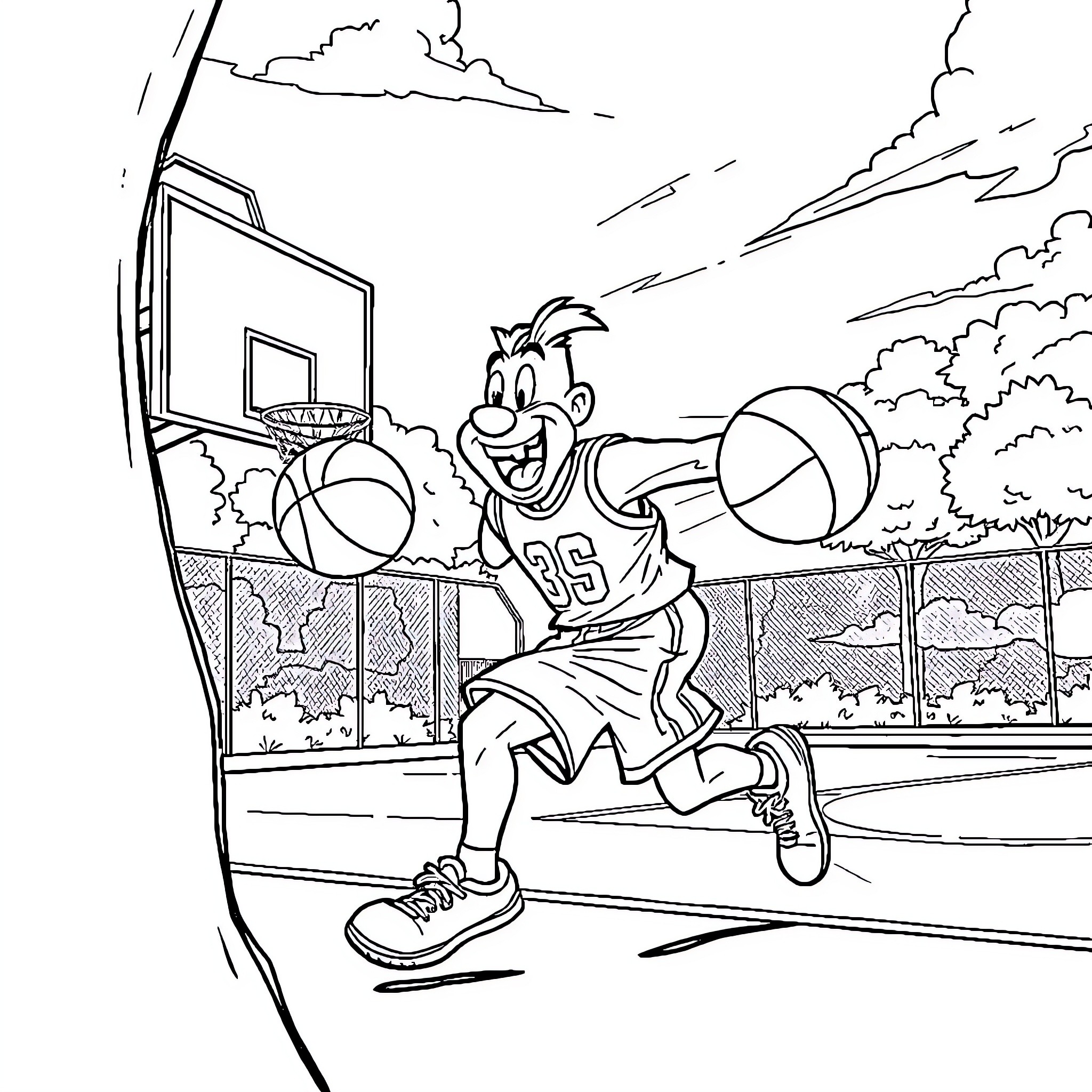 Stinger Flynn plays a game of basketball Coloring Page (free black-and-white line drawing printable PDF for all, from beginners to advanced learners, including children, teens, adults, and seniors)