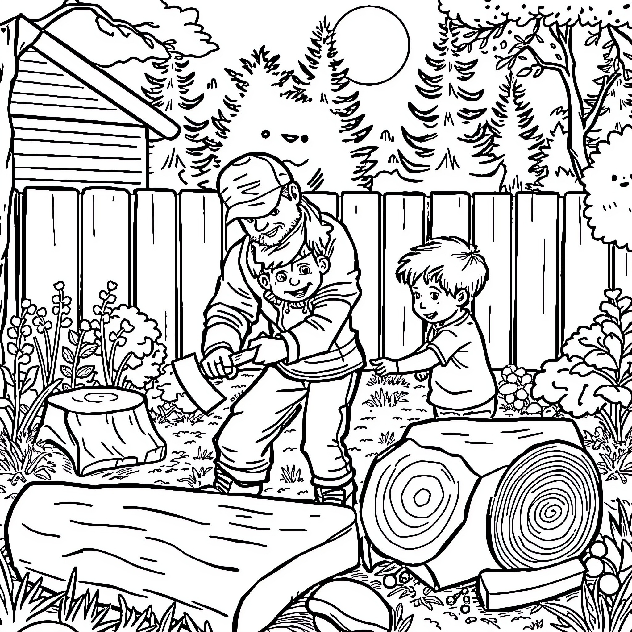 Dad helps child with gardening in backyard Coloring Page (free black-and-white line drawing printable PDF for all, from beginners to advanced learners, including children, teens, adults, and seniors)