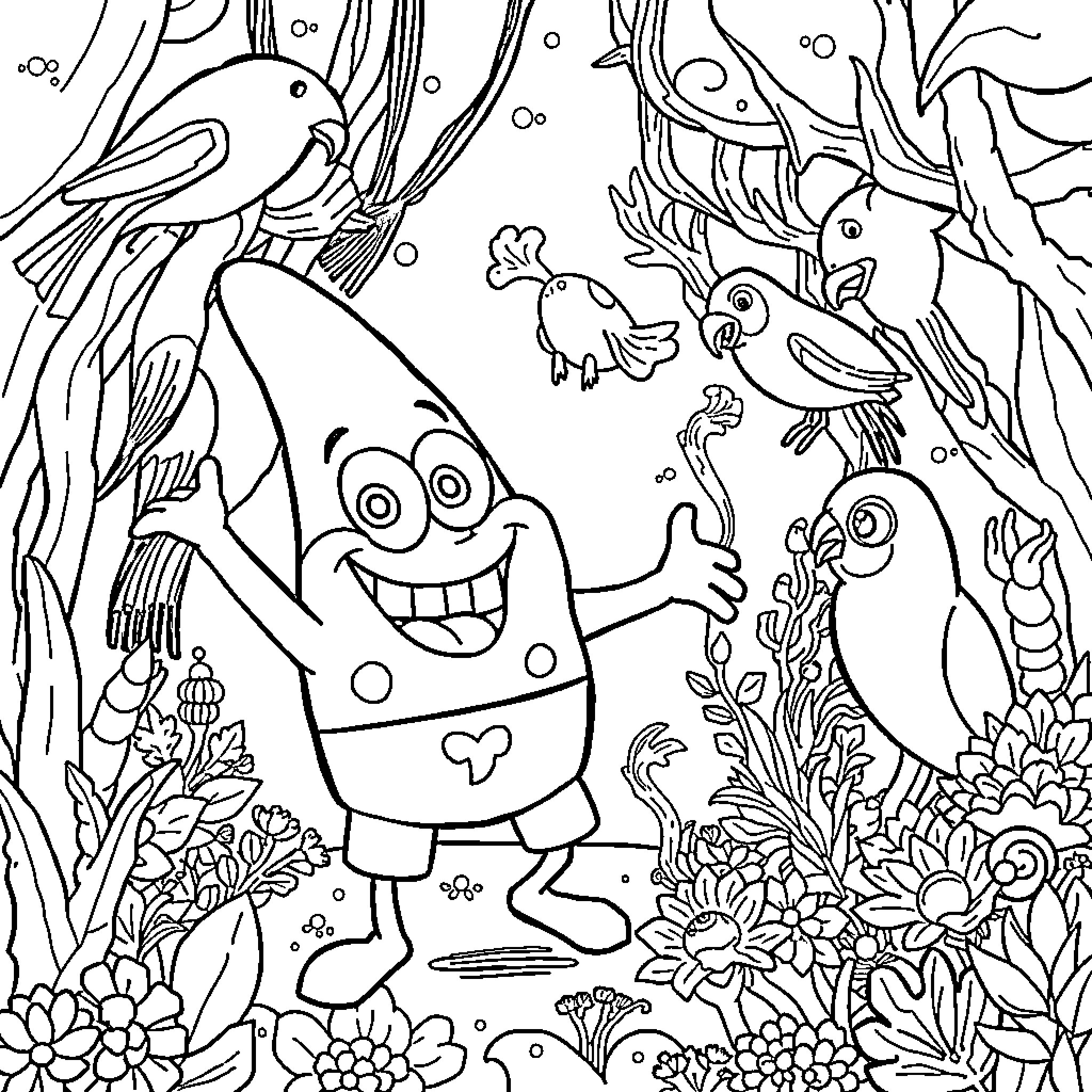 Spongebob's Underwater Adventure with Friends Coloring Page (free black-and-white line drawing printable PDF for all, from beginners to advanced learners, including children, teens, adults, and seniors)