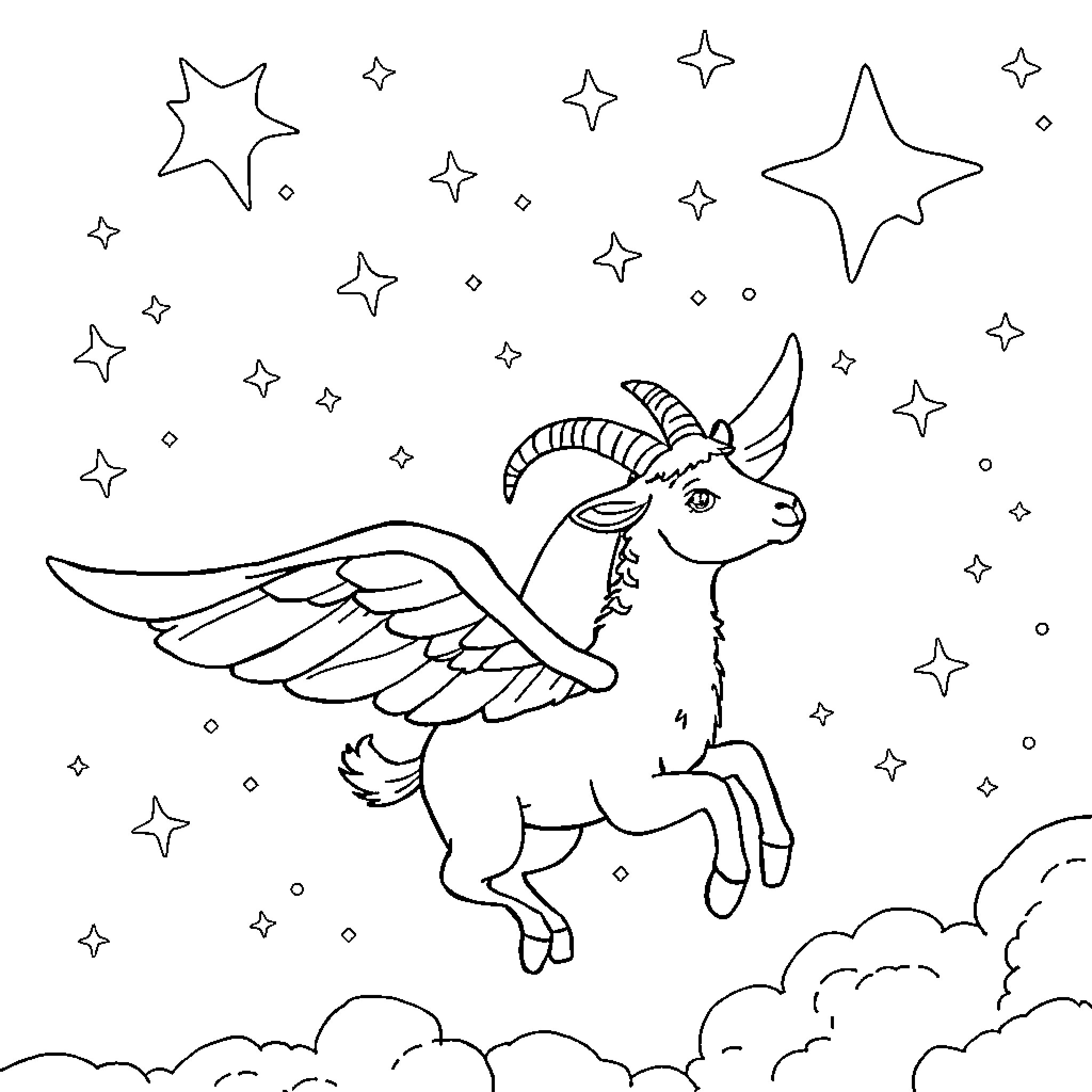 Goat with wings flying among the stars Coloring Page (free black-and-white line drawing printable PDF for all, from beginners to advanced learners, including children, teens, adults, and seniors)