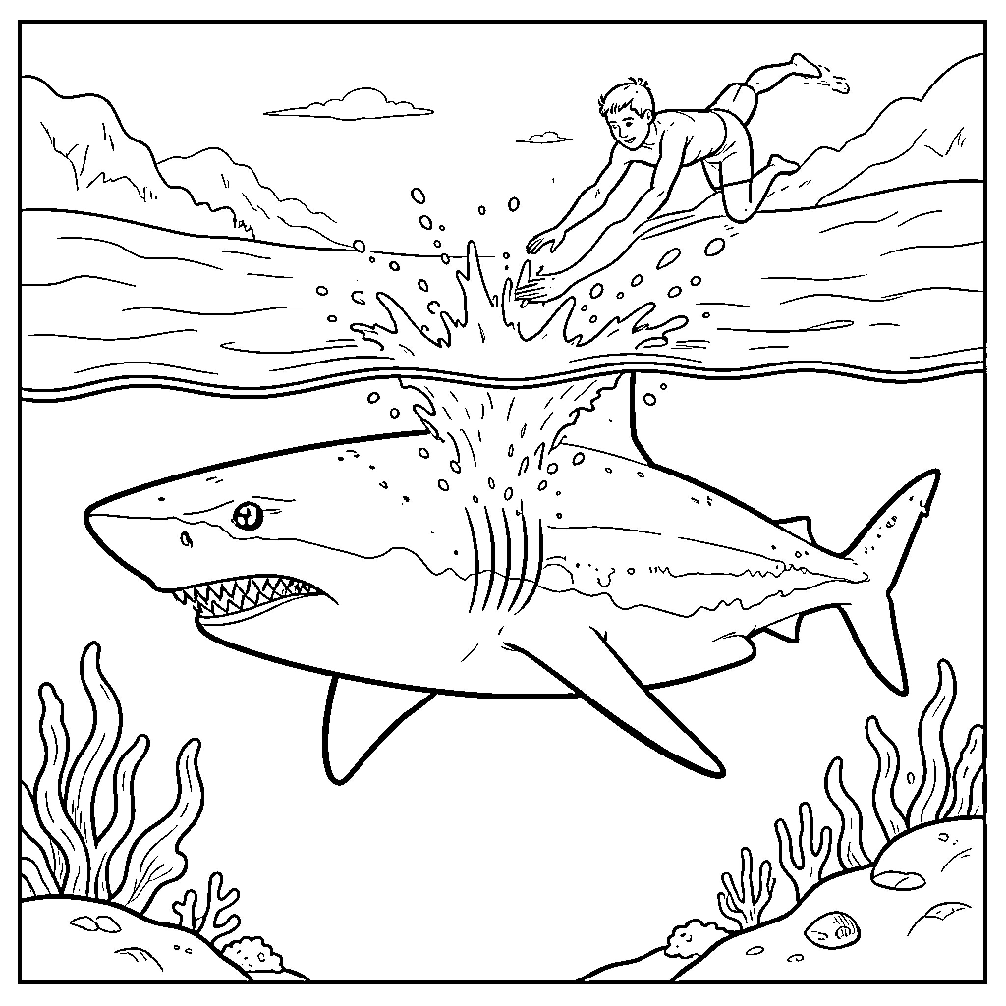 Shark swimming near a person diving into water Coloring Page (free black-and-white line drawing printable PDF for all, from beginners to advanced learners, including children, teens, adults, and seniors)