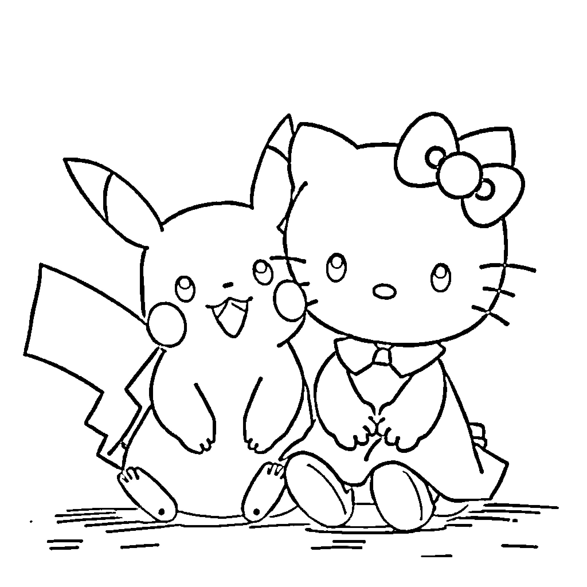 Hello Kitty playing with Pikachu Coloring Page (free black-and-white line drawing printable PDF for all, from beginners to advanced learners, including children, teens, adults, and seniors)