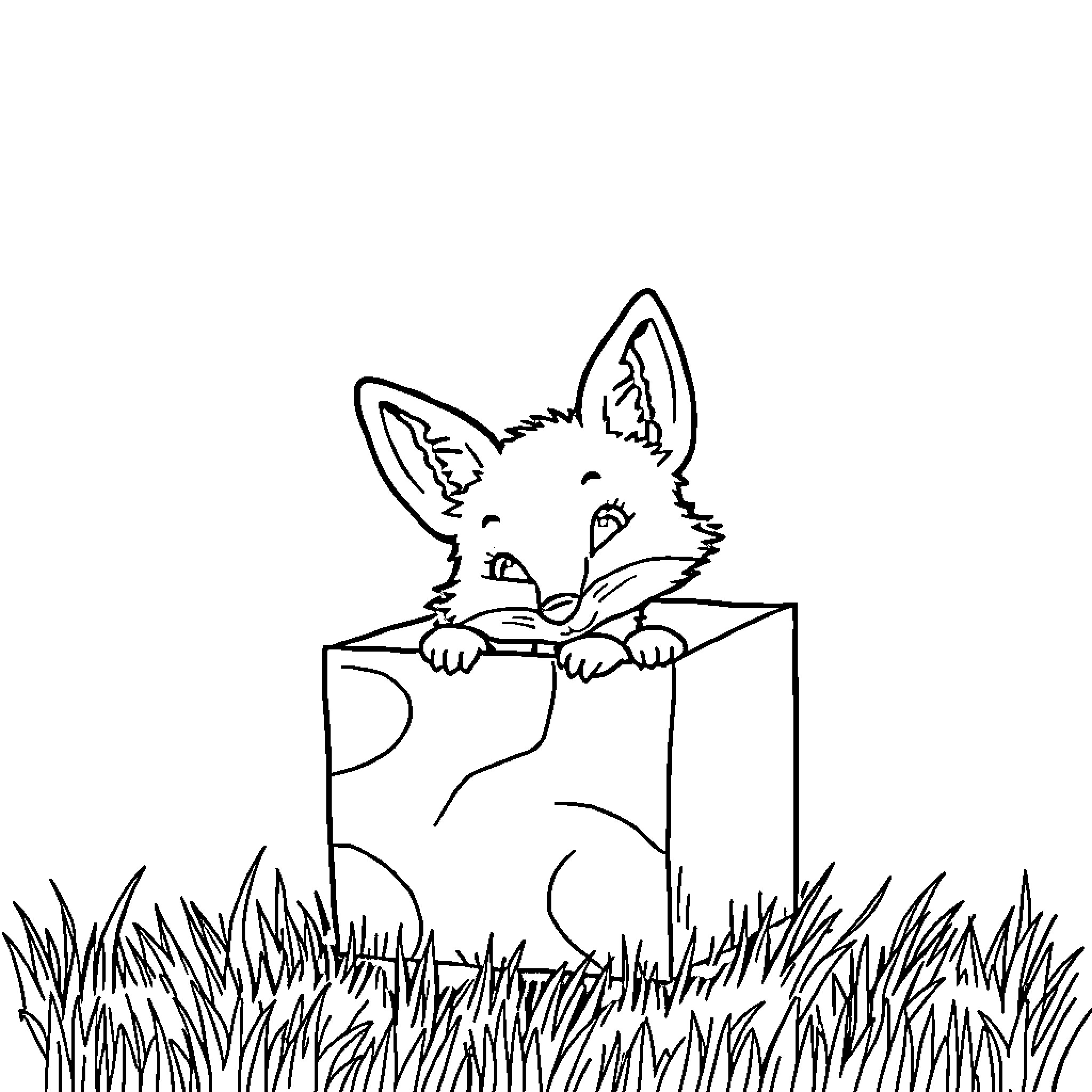 Fox peering curiously from inside a box Coloring Page (free black-and-white line drawing printable PDF for all, from beginners to advanced learners, including children, teens, adults, and seniors)