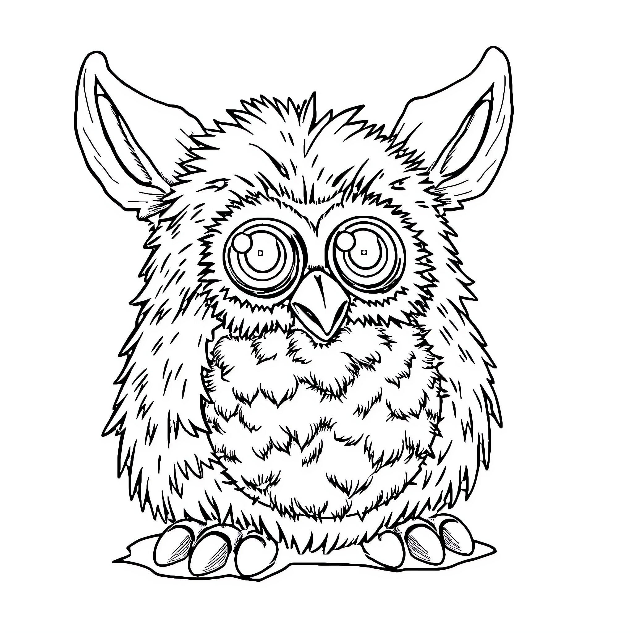 Furby with silly expression and fluffy appearance Coloring Page (free black-and-white line drawing printable PDF for all, from beginners to advanced learners, including children, teens, adults, and seniors)