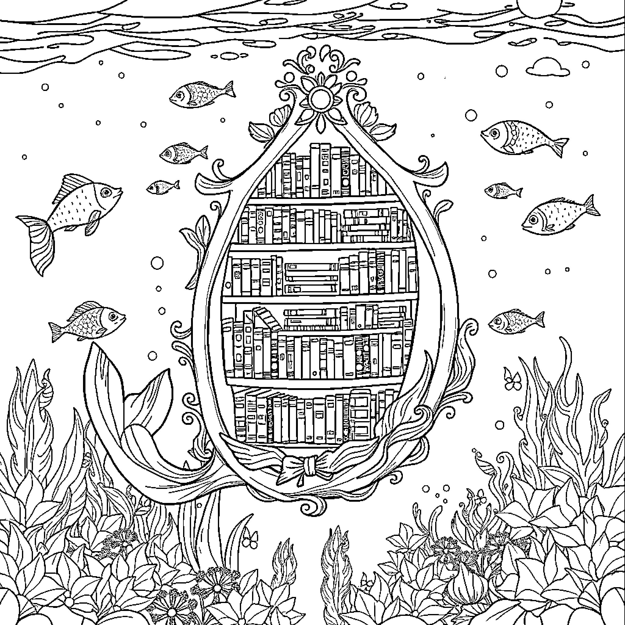 Mermaid's Underwater Library Coloring Page (free black-and-white line drawing printable PDF for all, from beginners to advanced learners, including children, teens, adults, and seniors)
