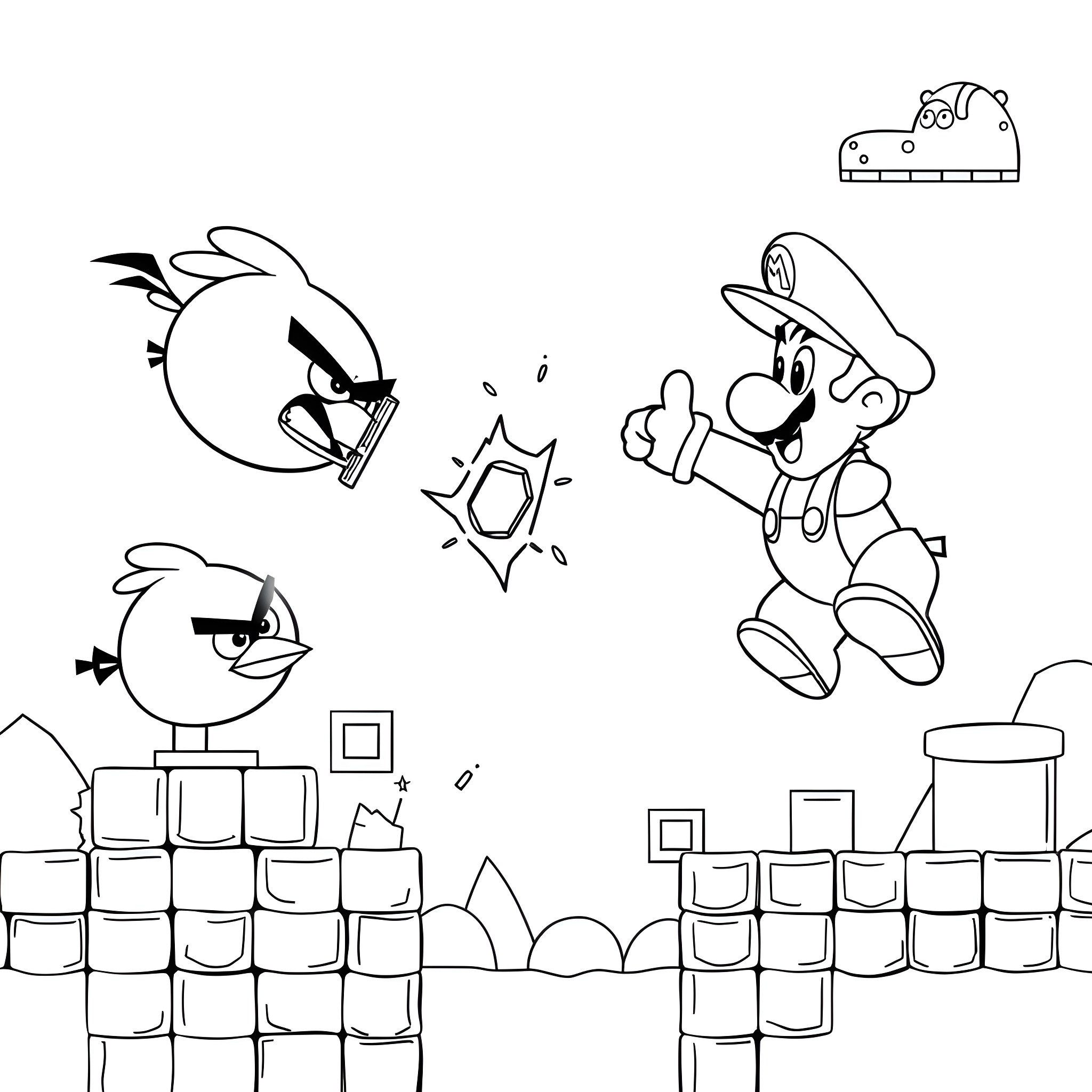 Bird characters in action-packed video game scene Coloring Page (free black-and-white line drawing printable PDF for all, from beginners to advanced learners, including children, teens, adults, and seniors)