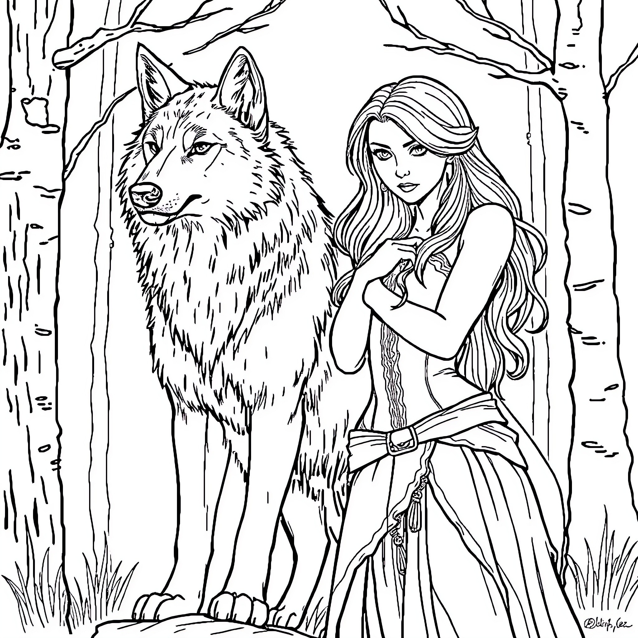 Wolf and Maiden in the Enchanted Forest Coloring Page (free black-and-white line drawing printable PDF for all, from beginners to advanced learners, including children, teens, adults, and seniors)