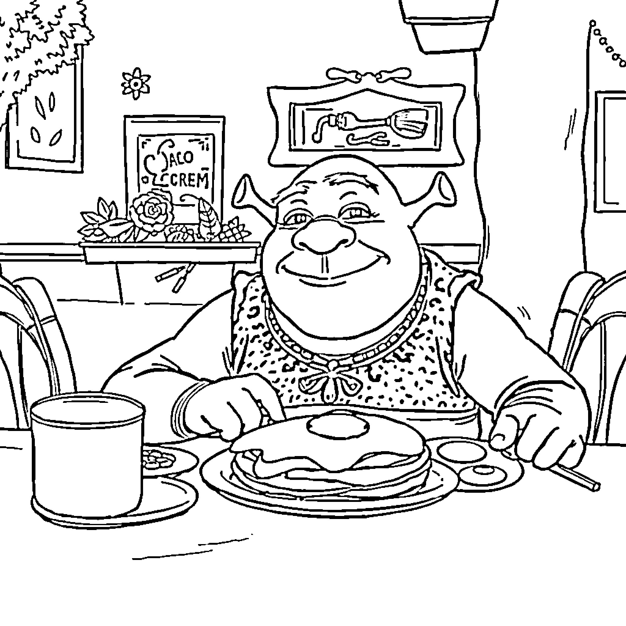 Shrek enjoying a hearty breakfast in his cozy home Coloring Page (free black-and-white line drawing printable PDF for all, from beginners to advanced learners, including children, teens, adults, and seniors)