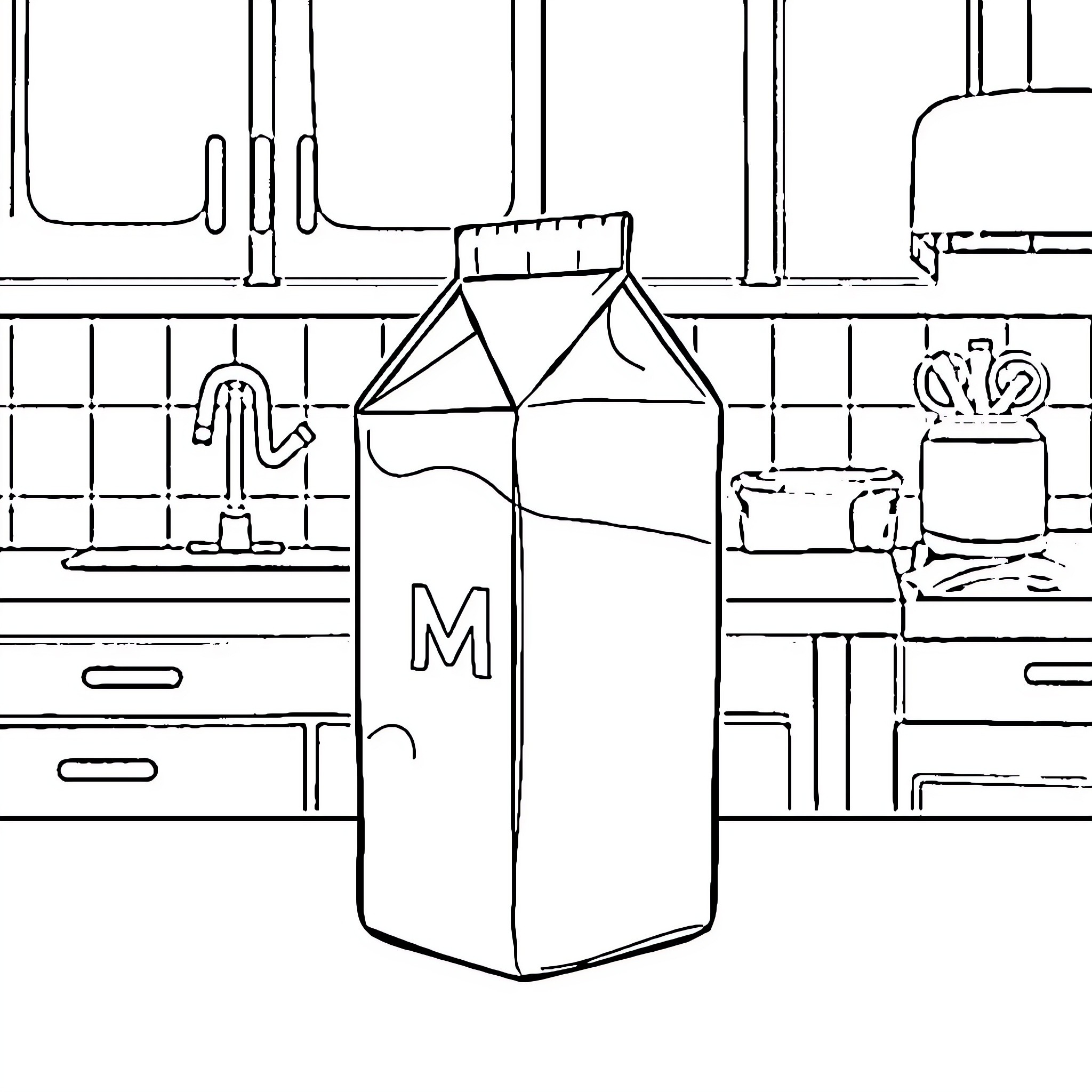 Milk carton in a modern kitchen Coloring Page (free black-and-white line drawing printable PDF for all, from beginners to advanced learners, including children, teens, adults, and seniors)