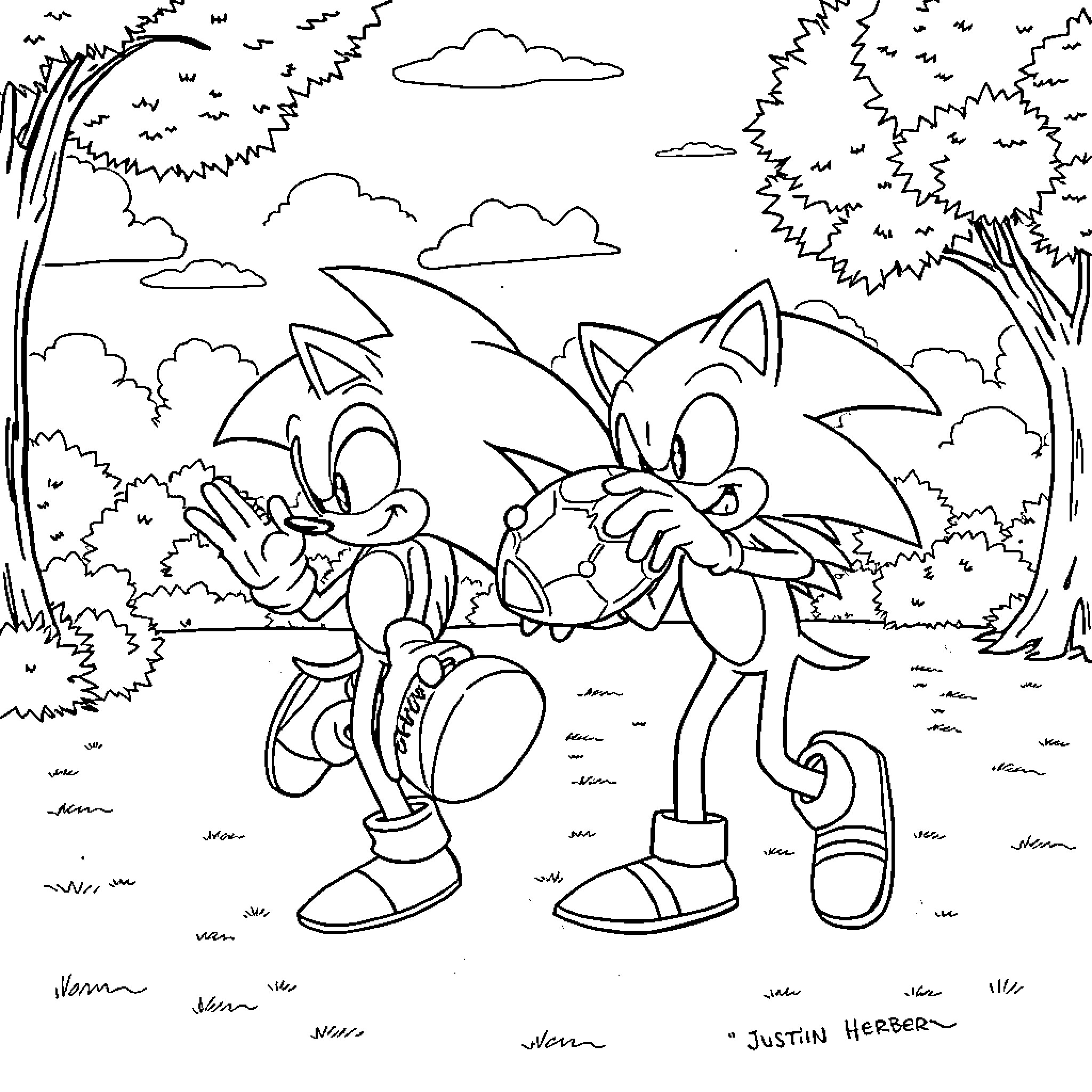 Sonic Characters Engaging in Playful Activities Coloring Page (free black-and-white line drawing printable PDF for all, from beginners to advanced learners, including children, teens, adults, and seniors)