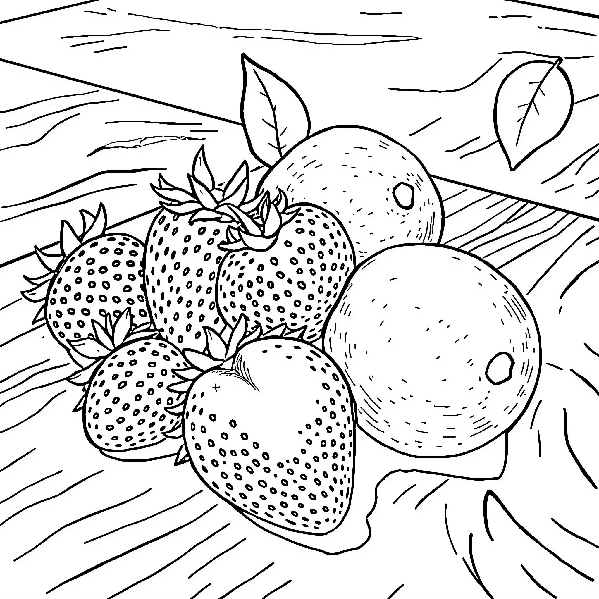 Strawberry Field of Delightful Produce Coloring Page (free black-and-white line drawing printable PDF for all, from beginners to advanced learners, including children, teens, adults, and seniors)