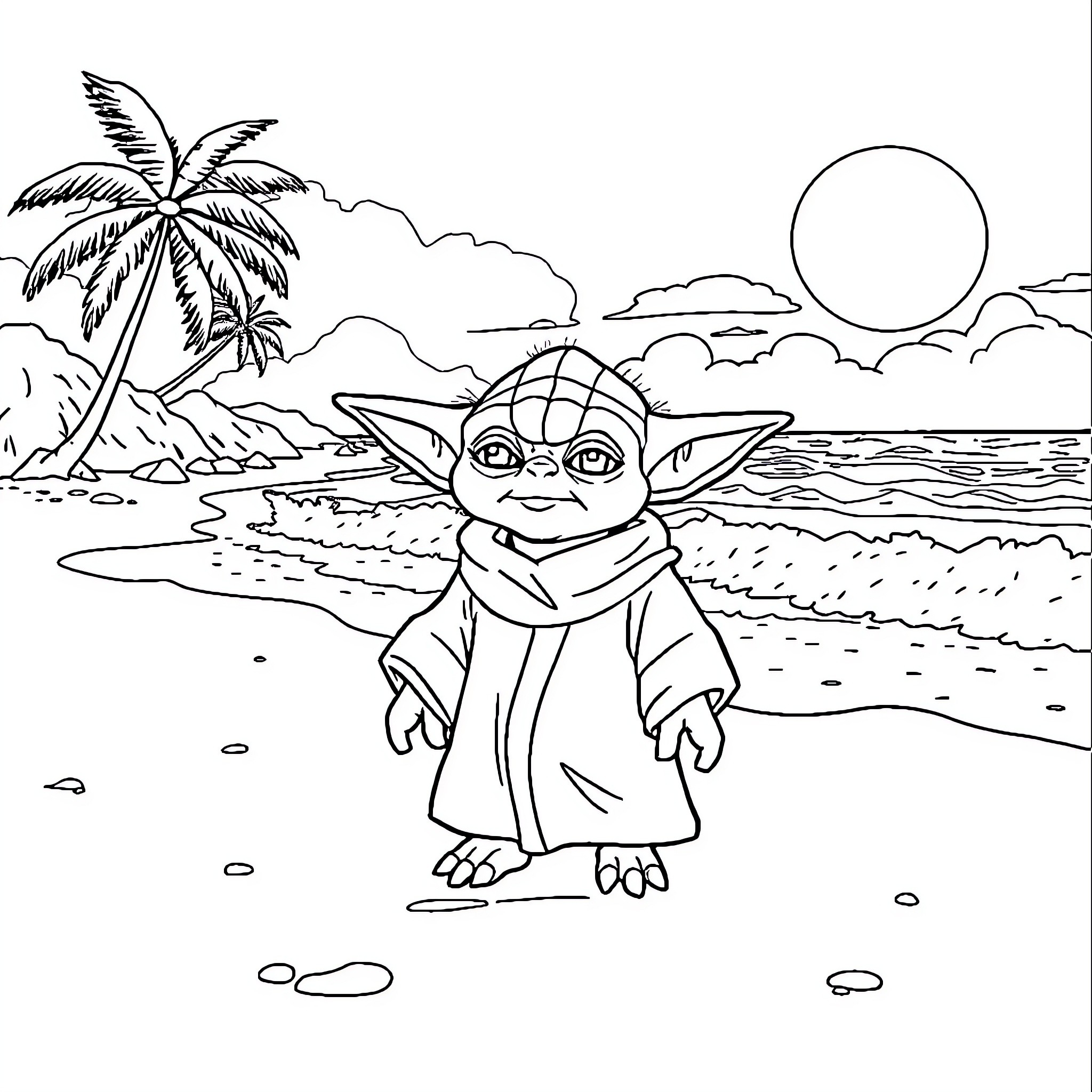 Yoda enjoying a sunny day at the beach Coloring Page (free black-and-white line drawing printable PDF for all, from beginners to advanced learners, including children, teens, adults, and seniors)