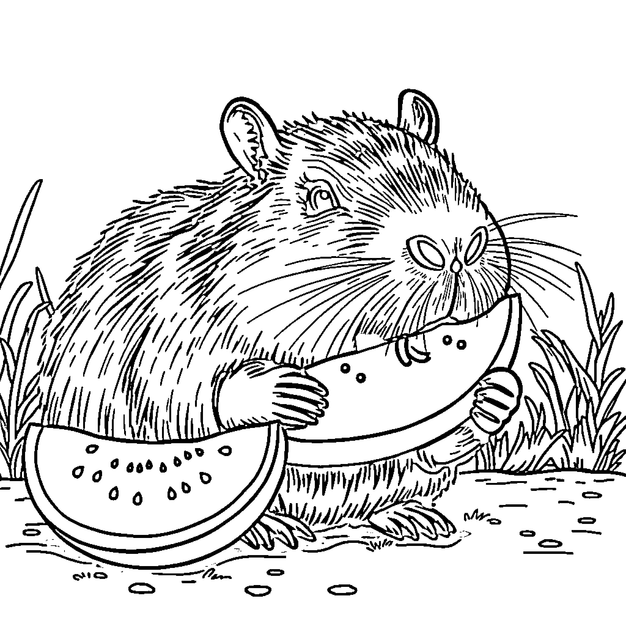 Capybara enjoying a refreshing watermelon snack Coloring Page (free black-and-white line drawing printable PDF for all, from beginners to advanced learners, including children, teens, adults, and seniors)