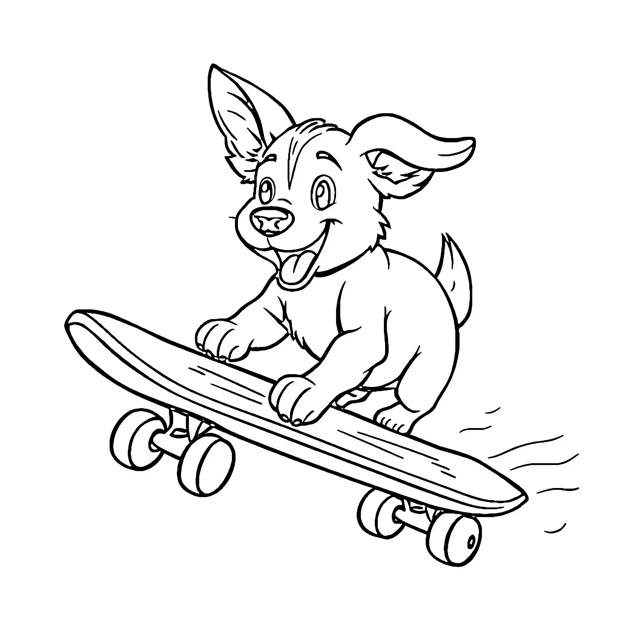 Dog riding skateboard happily Coloring Page (free black-and-white line drawing printable PDF for all, from beginners to advanced learners, including children, teens, adults, and seniors)