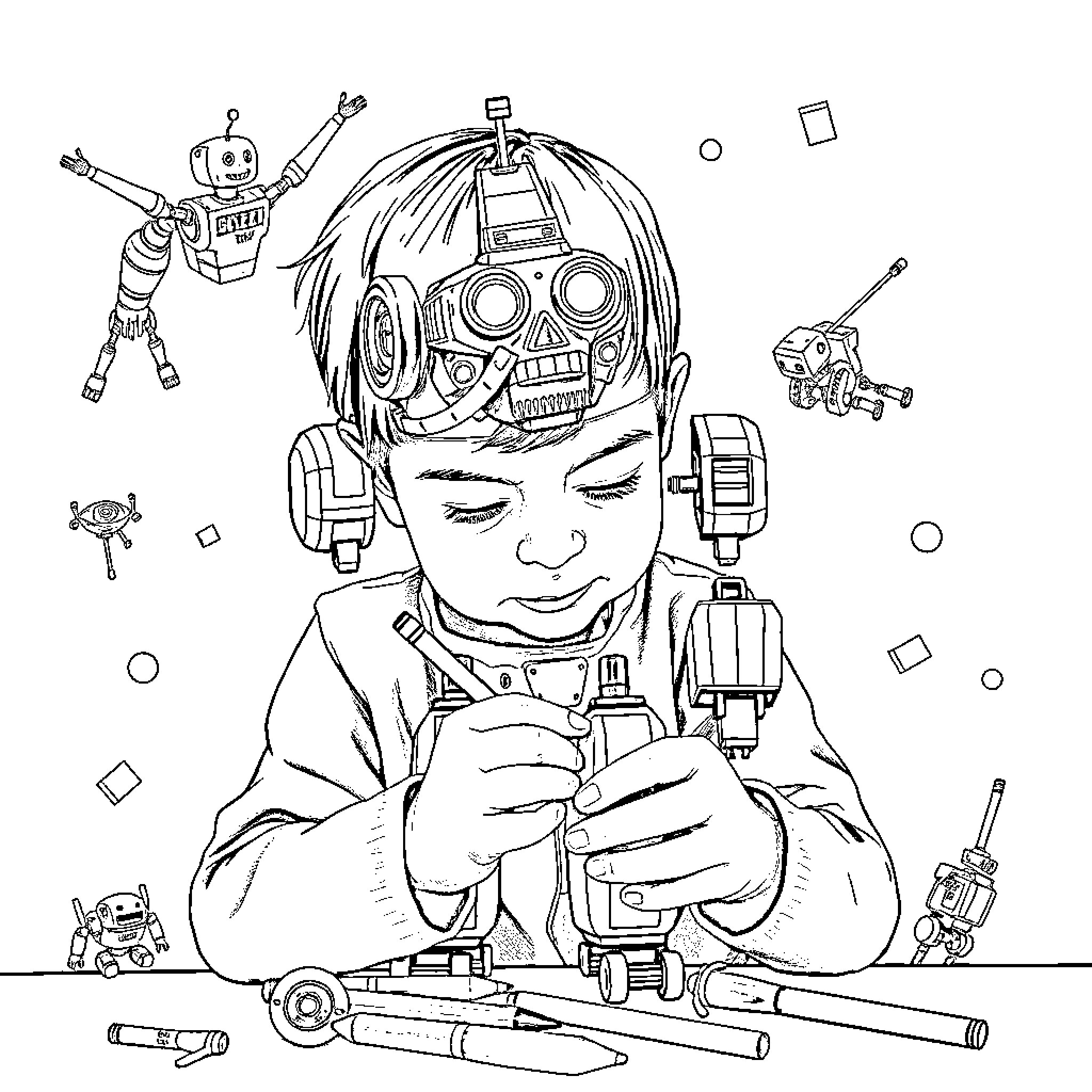 Robot Kid Exploring Mechanical Gadgets Coloring Page (free black-and-white line drawing printable PDF for all, from beginners to advanced learners, including children, teens, adults, and seniors)