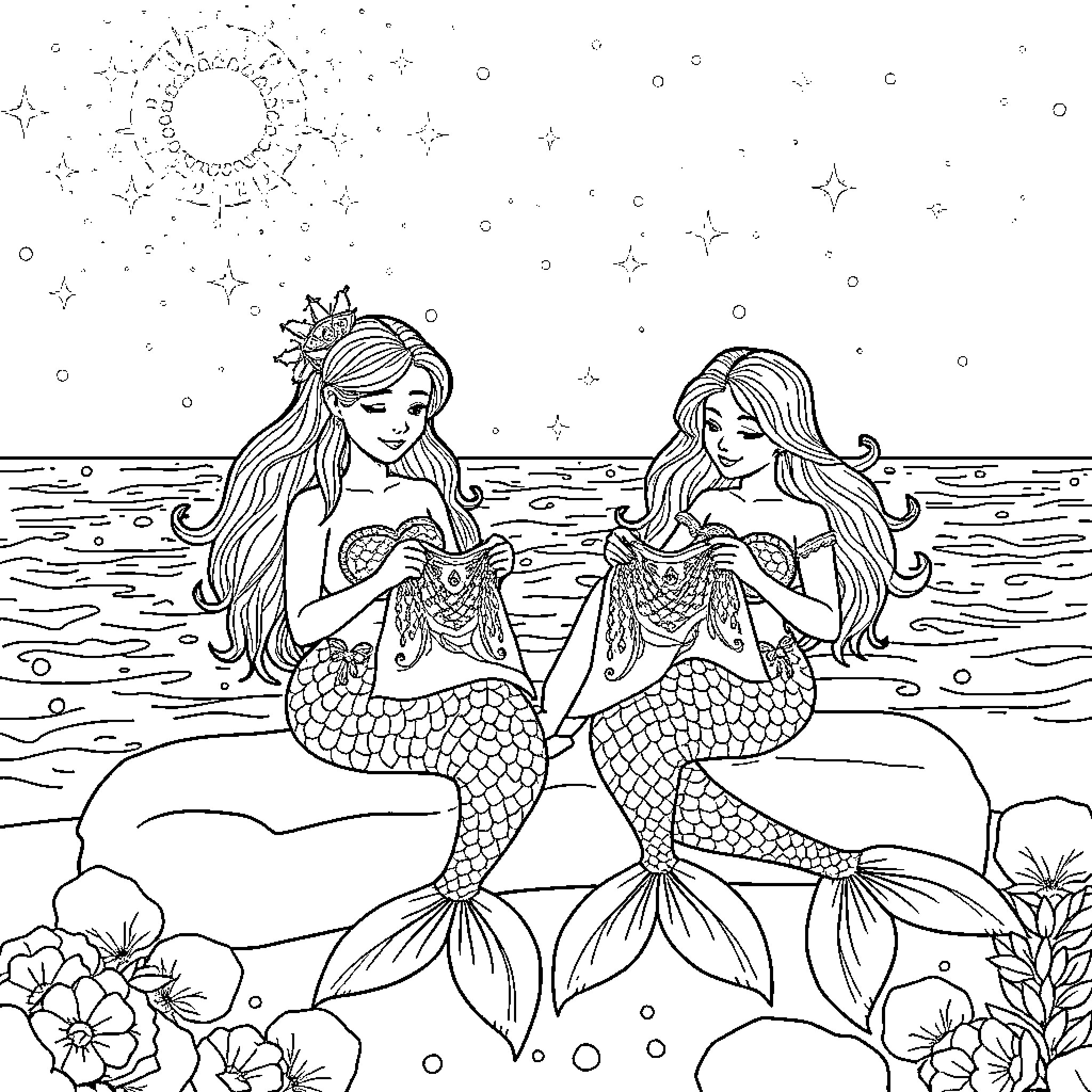 Mermaids swimming together in the starry ocean Coloring Page (free black-and-white line drawing printable PDF for all, from beginners to advanced learners, including children, teens, adults, and seniors)