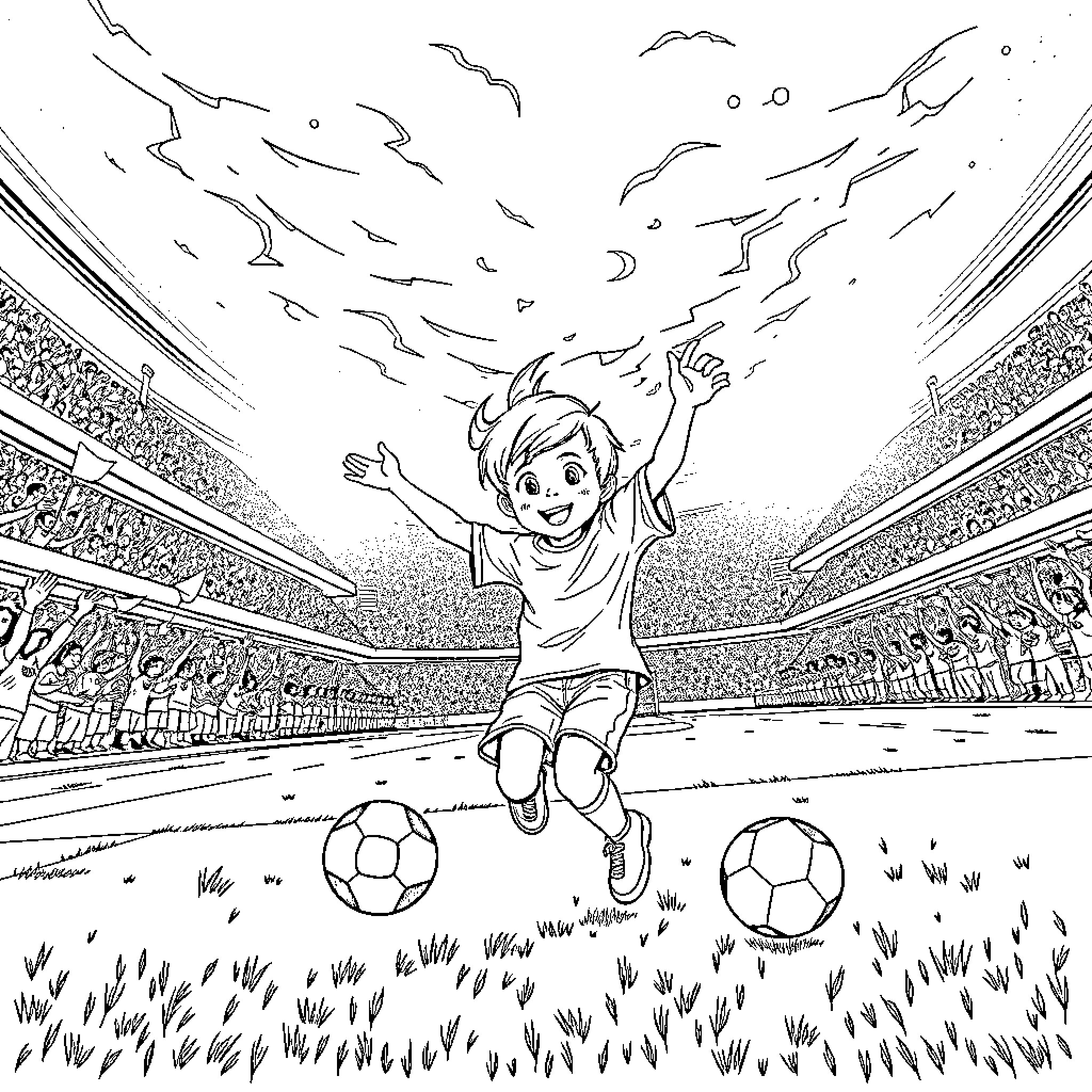 Kid celebrating victory on soccer field Coloring Page (free black-and-white line drawing printable PDF for all, from beginners to advanced learners, including children, teens, adults, and seniors)