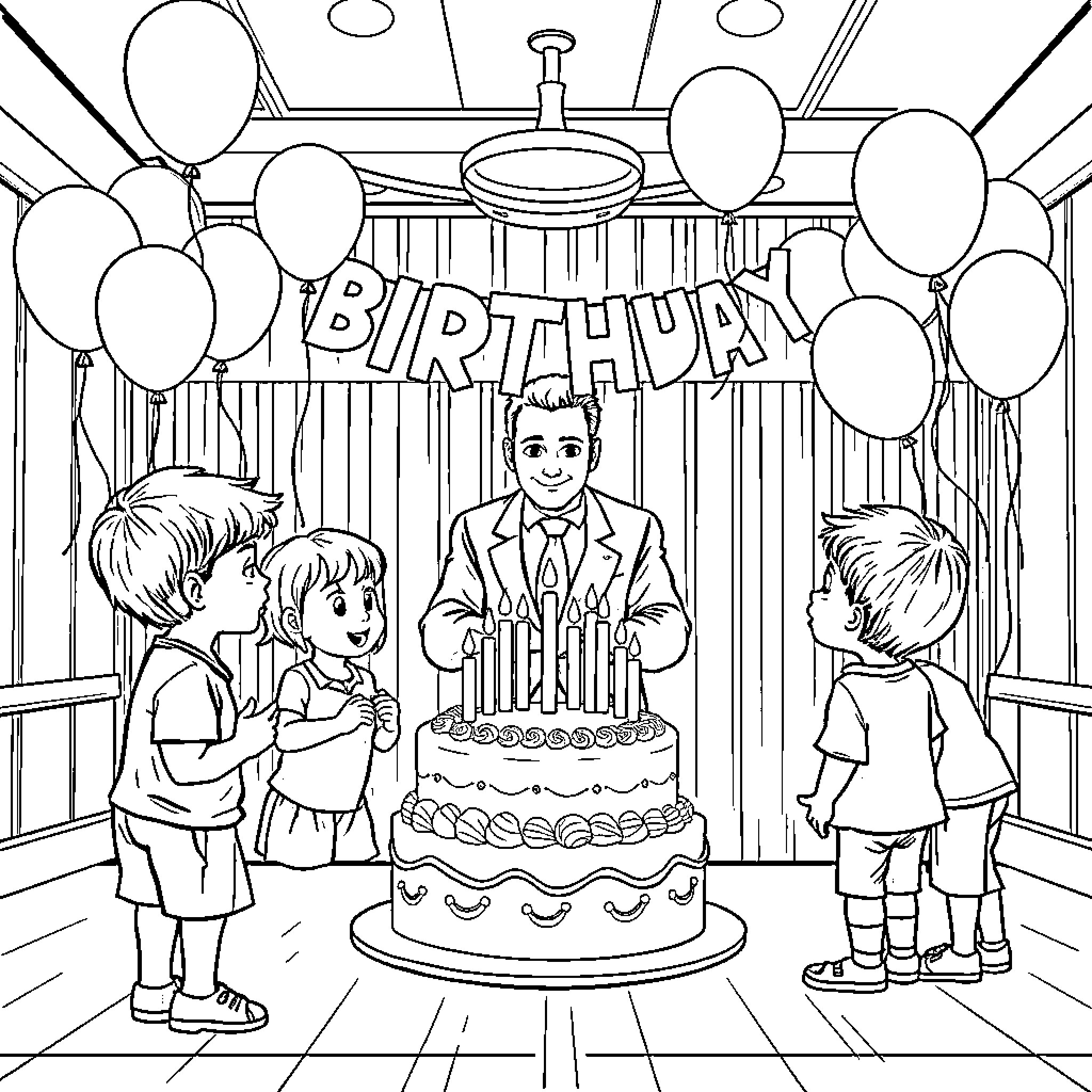 Kid's birthday party with cake and friends Coloring Page (free black-and-white line drawing printable PDF for all, from beginners to advanced learners, including children, teens, adults, and seniors)