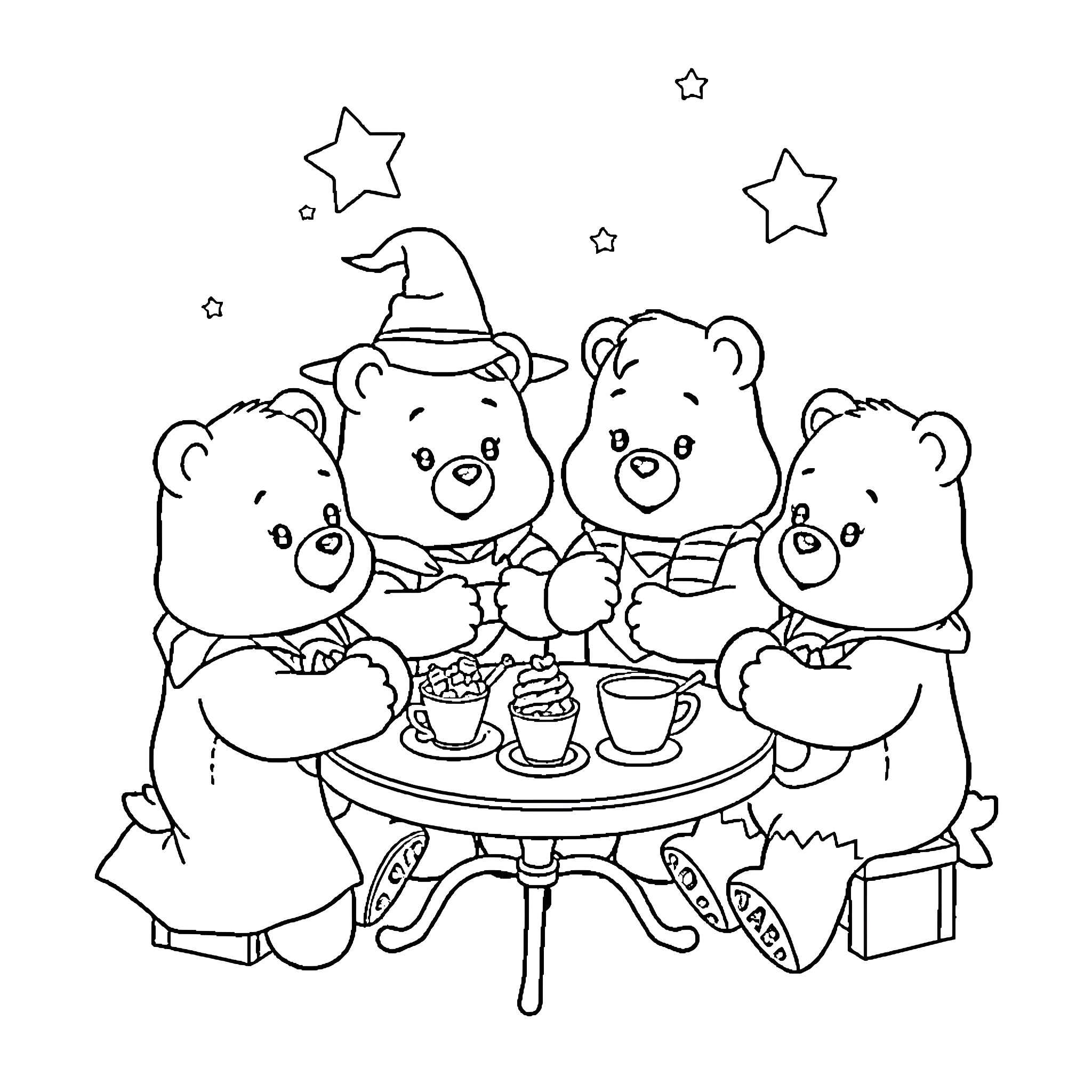 Care Bears having a magical tea party Coloring Page (free black-and-white line drawing printable PDF for all, from beginners to advanced learners, including children, teens, adults, and seniors)