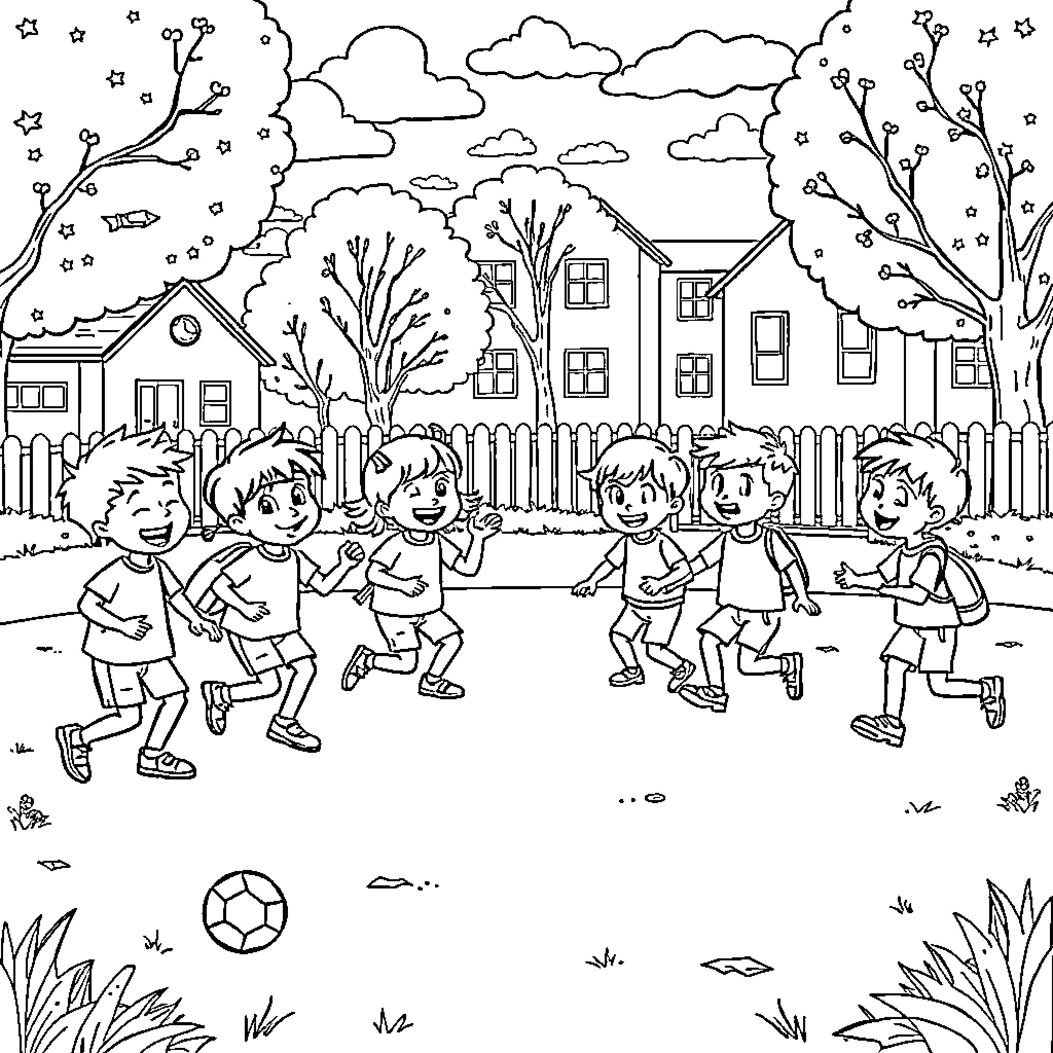 Kid's Outdoor Adventure with Ball Game Coloring Page (free black-and-white line drawing printable PDF for all, from beginners to advanced learners, including children, teens, adults, and seniors)