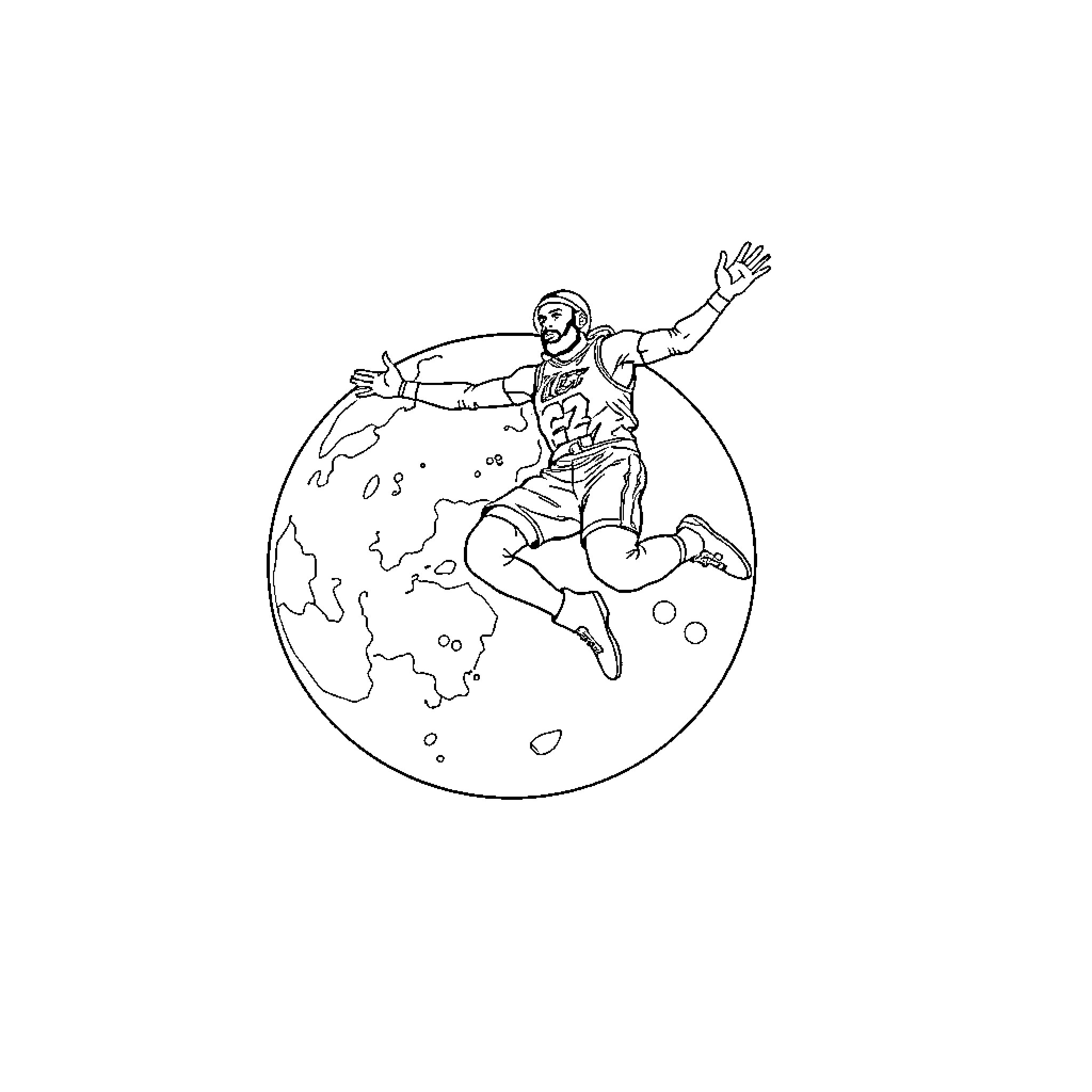 LeBron James dunking over the Earth Coloring Page (free black-and-white line drawing printable PDF for all, from beginners to advanced learners, including children, teens, adults, and seniors)