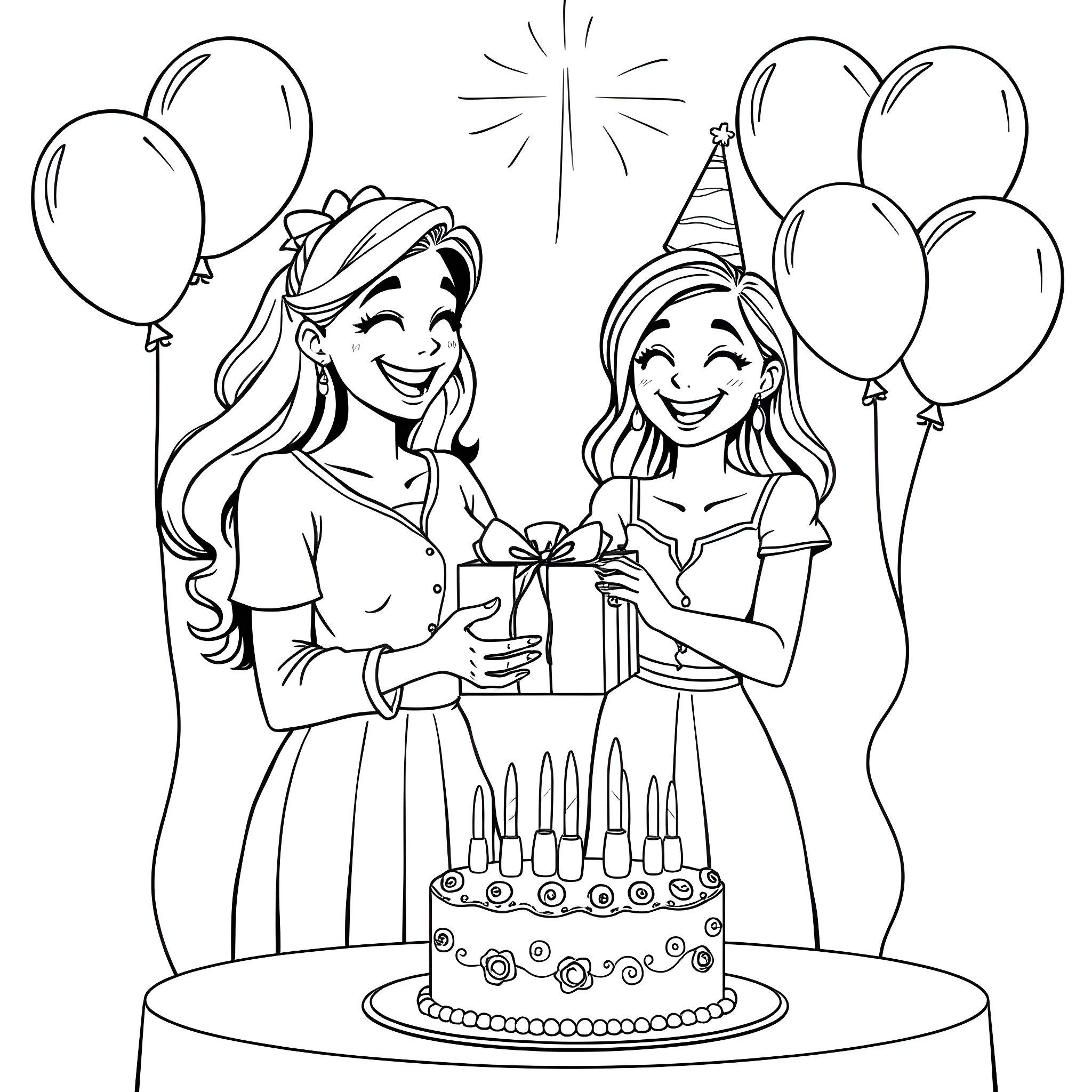 Sheree's Birthday Celebration with Balloons Coloring Page (free black-and-white line drawing printable PDF for all, from beginners to advanced learners, including children, teens, adults, and seniors)