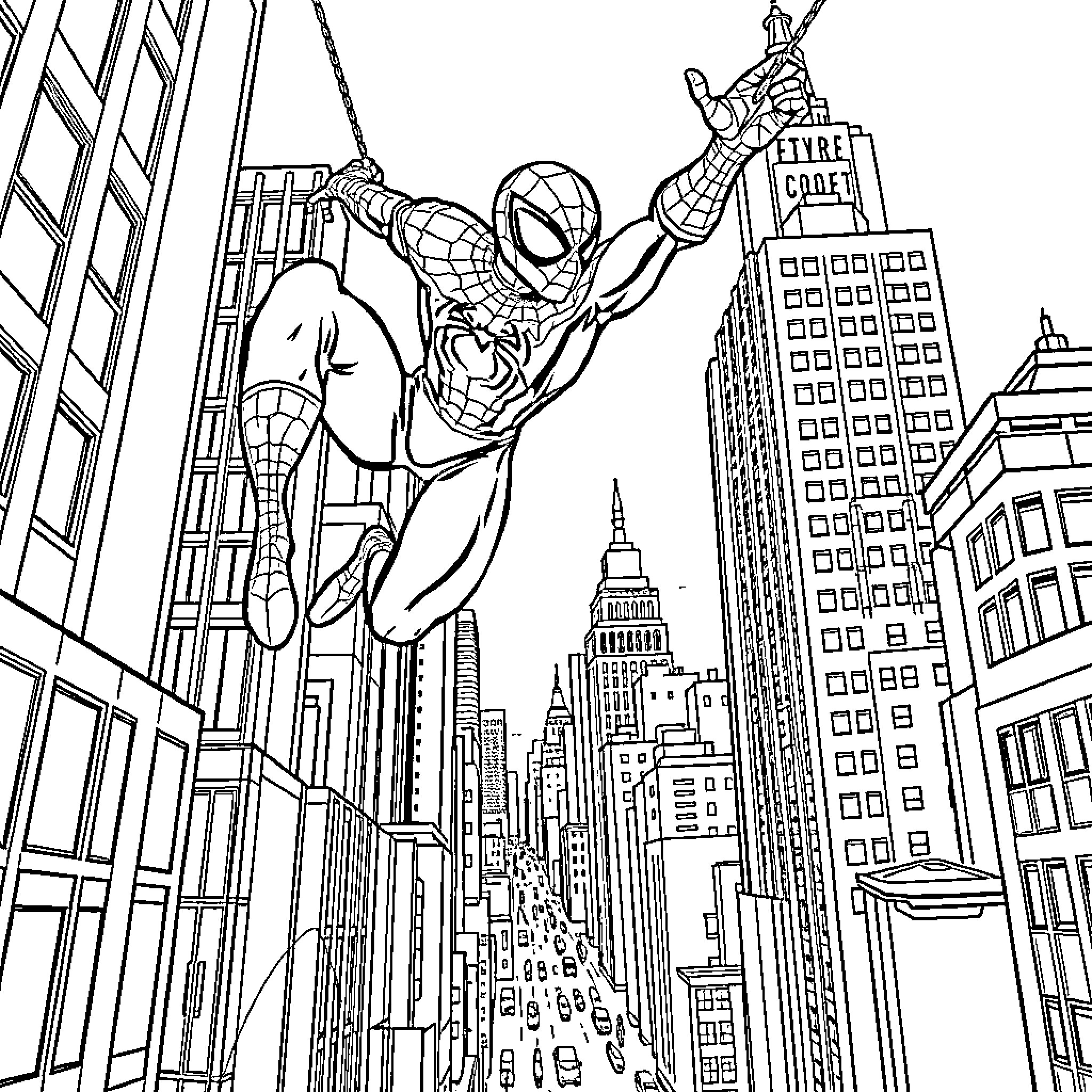 Spidey swinging through the city skyline Coloring Page (free black-and-white line drawing printable PDF for all, from beginners to advanced learners, including children, teens, adults, and seniors)