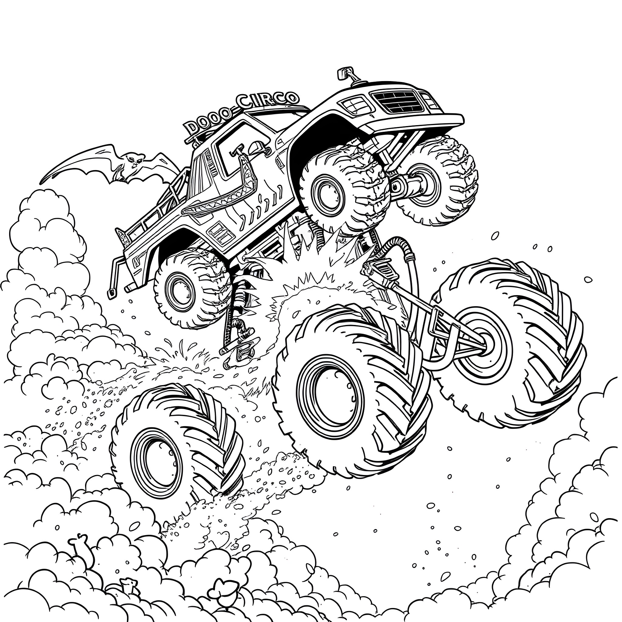 Monster Truck Jumps Over Dusty Terrain Coloring Page (free black-and-white line drawing printable PDF for all, from beginners to advanced learners, including children, teens, adults, and seniors)