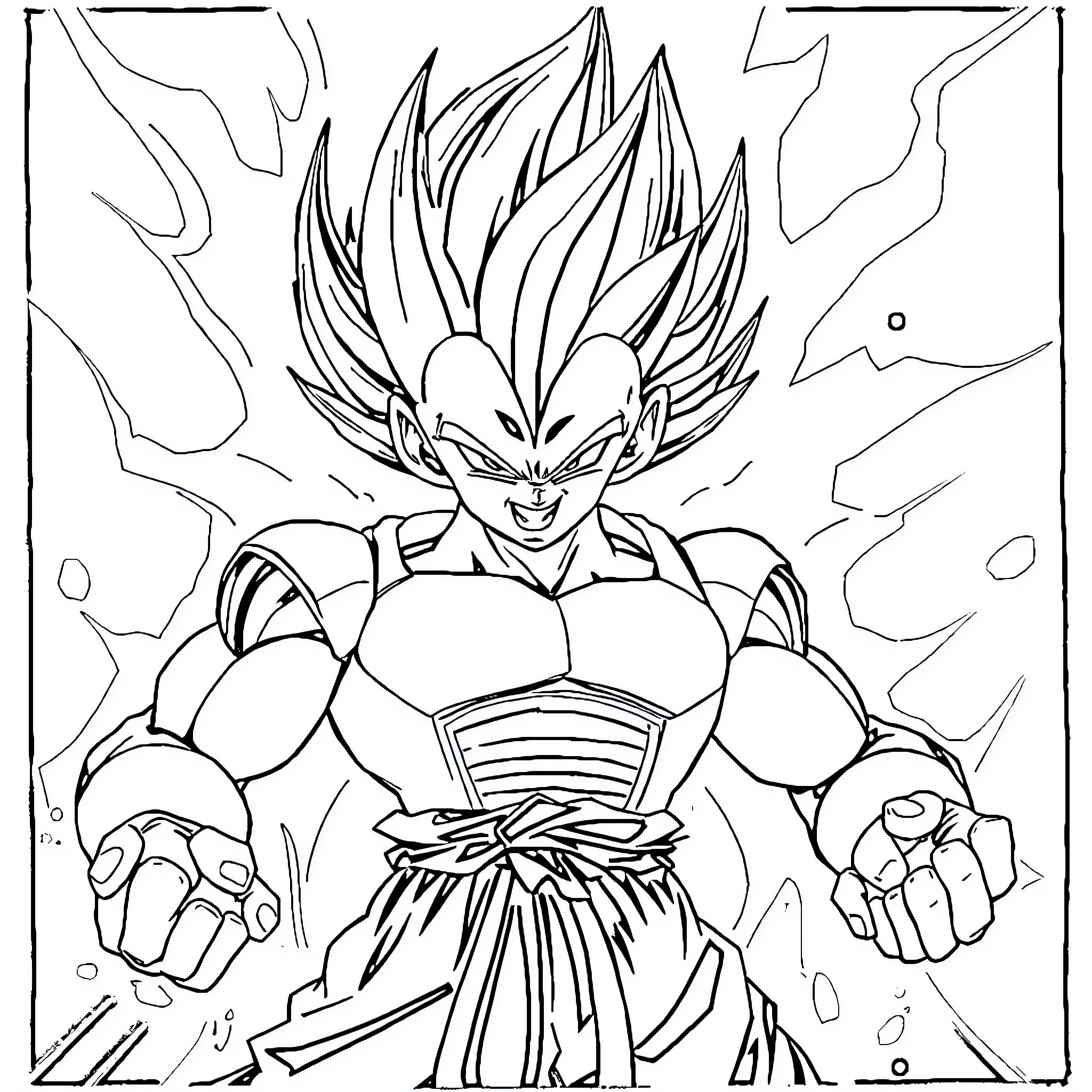 Vegeta unleashing powerful energy in intense battle Coloring Page (free black-and-white line drawing printable PDF for all, from beginners to advanced learners, including children, teens, adults, and seniors)