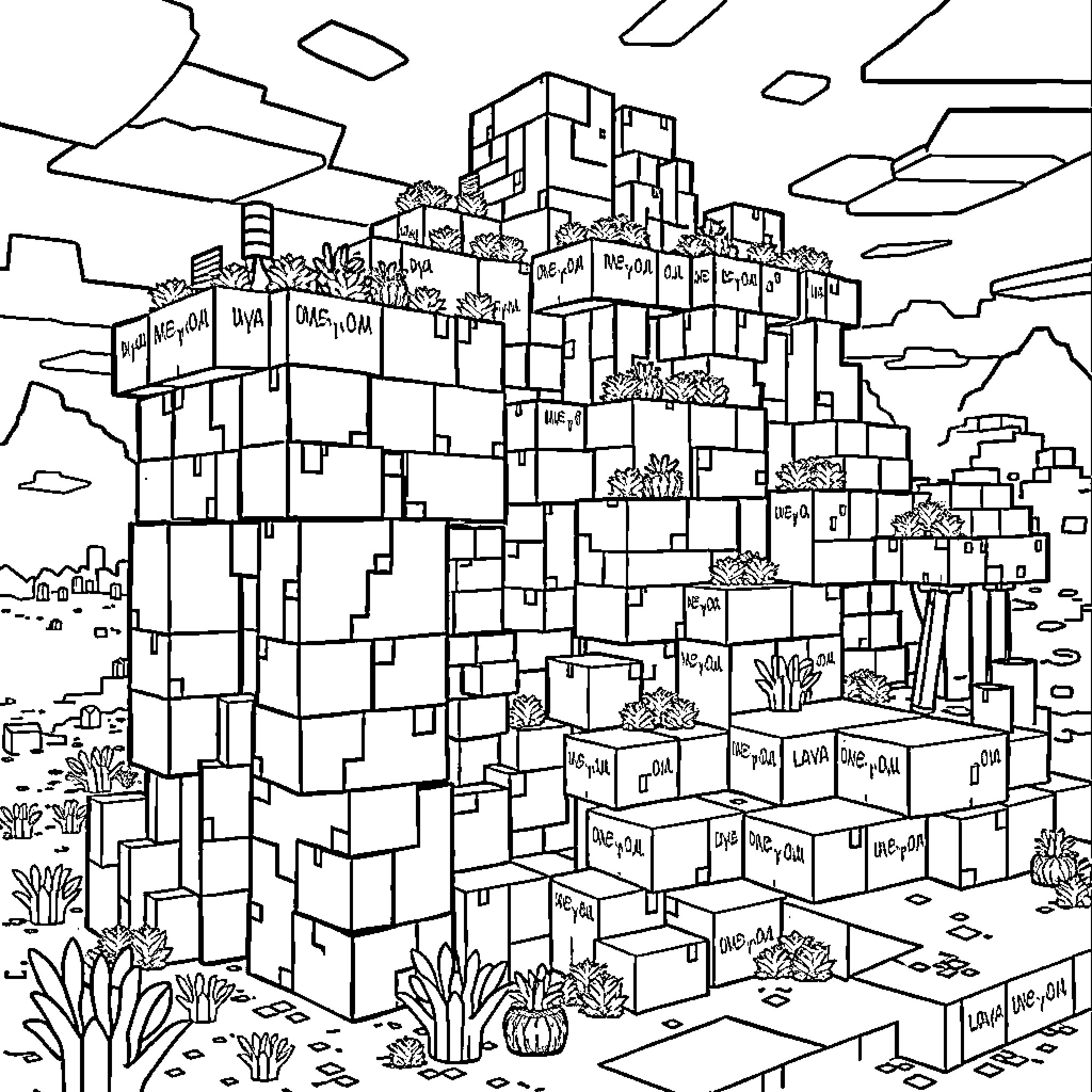 Minecraft block landscape with plants and lava Coloring Page (free black-and-white line drawing printable PDF for all, from beginners to advanced learners, including children, teens, adults, and seniors)