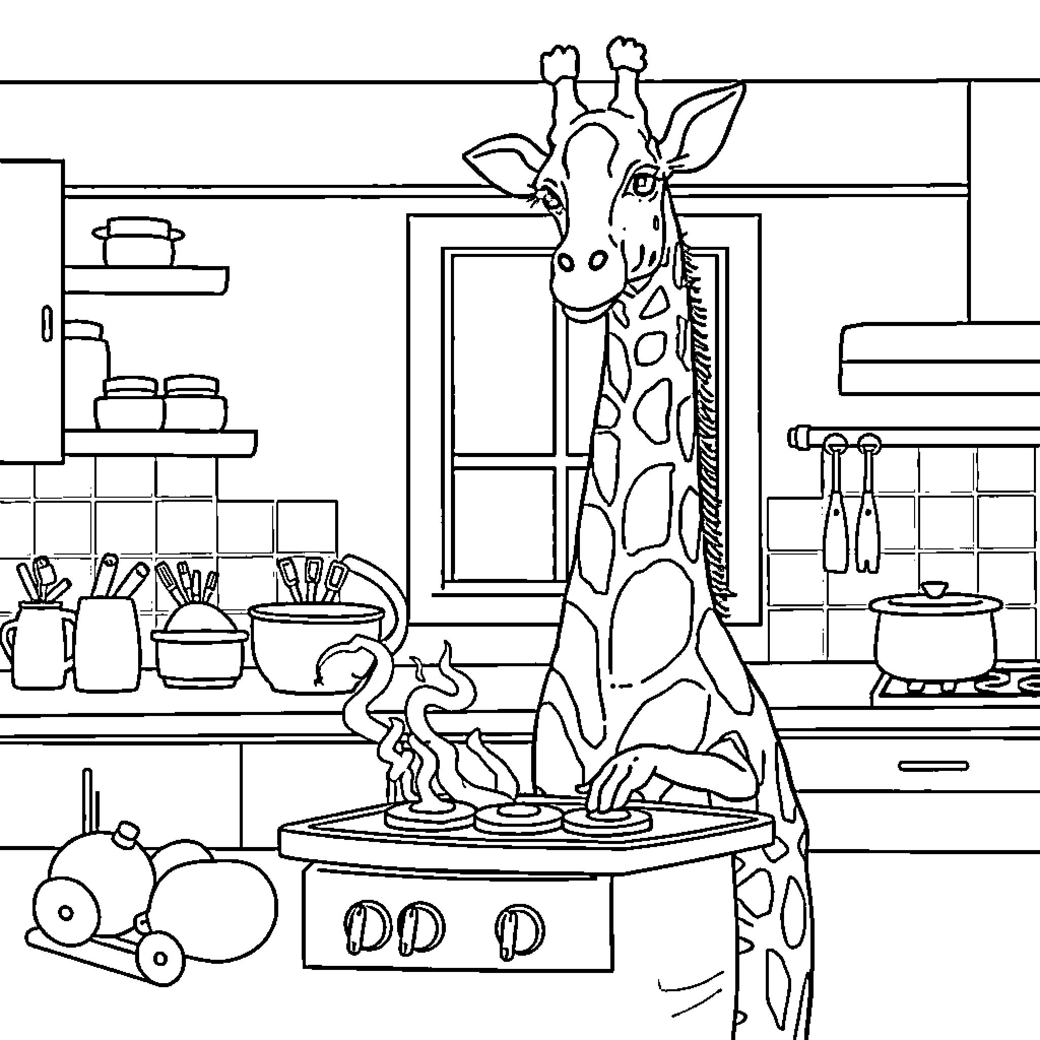 Giraffe standing in a cozy kitchen Coloring Page (free black-and-white line drawing printable PDF for all, from beginners to advanced learners, including children, teens, adults, and seniors)