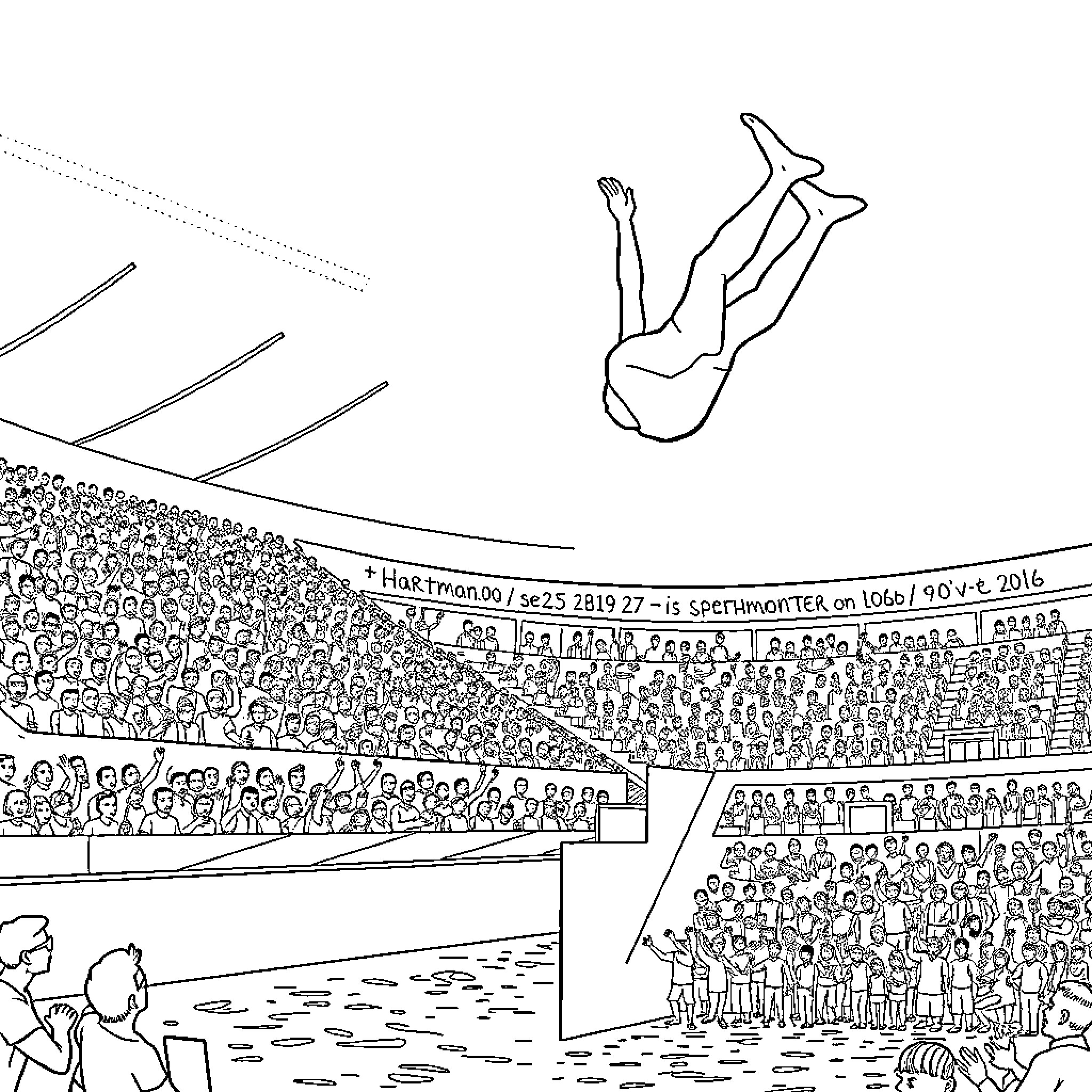 Diving into a crowded stadium scene Coloring Page (free black-and-white line drawing printable PDF for all, from beginners to advanced learners, including children, teens, adults, and seniors)