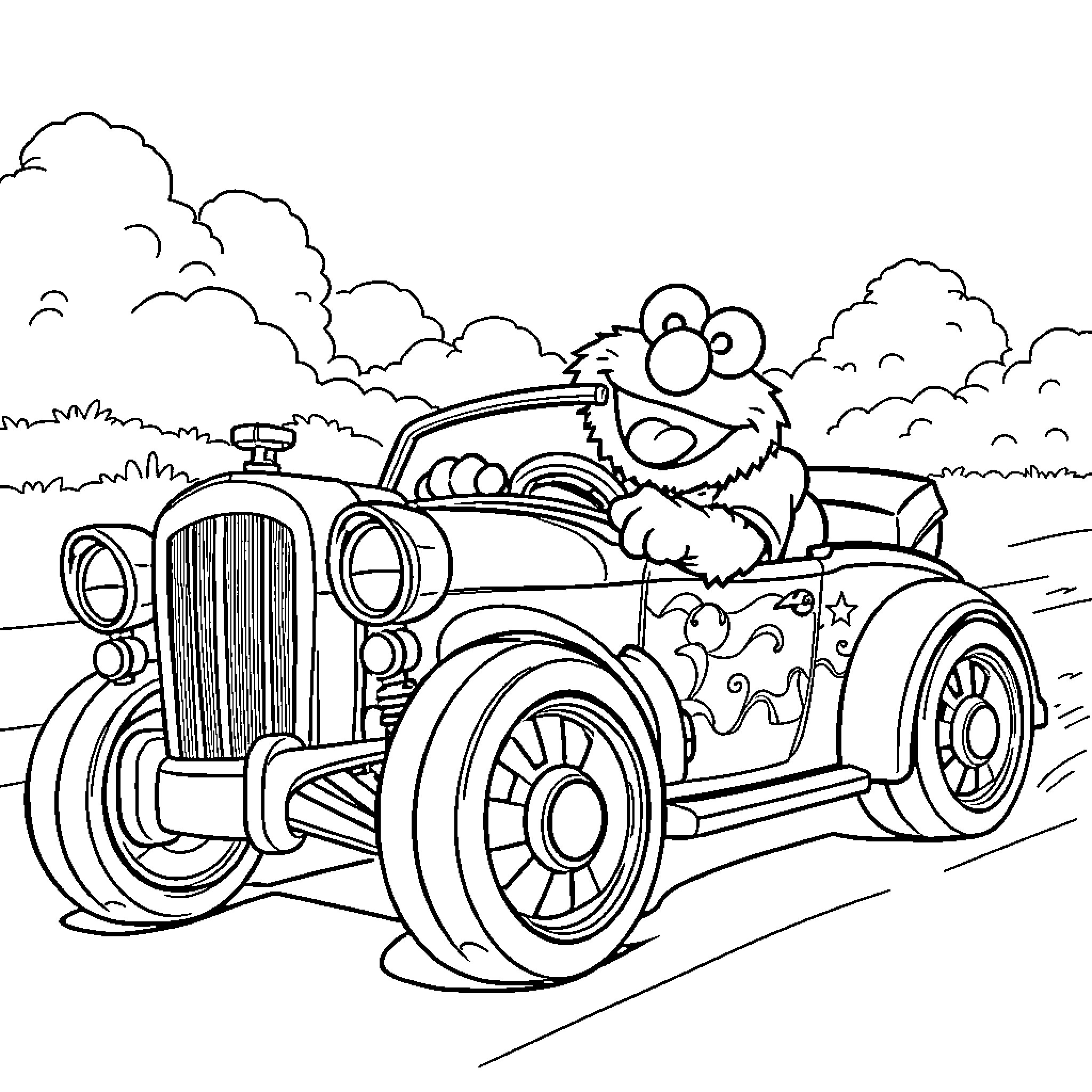 Elmo driving a vintage car on the road Coloring Page (free black-and-white line drawing printable PDF for all, from beginners to advanced learners, including children, teens, adults, and seniors)