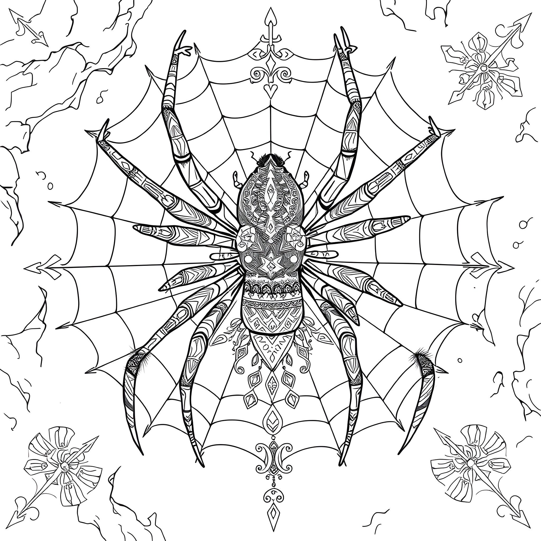 Spider Weaving an Intricate Mandala Coloring Page (free black-and-white line drawing printable PDF for all, from beginners to advanced learners, including children, teens, adults, and seniors)