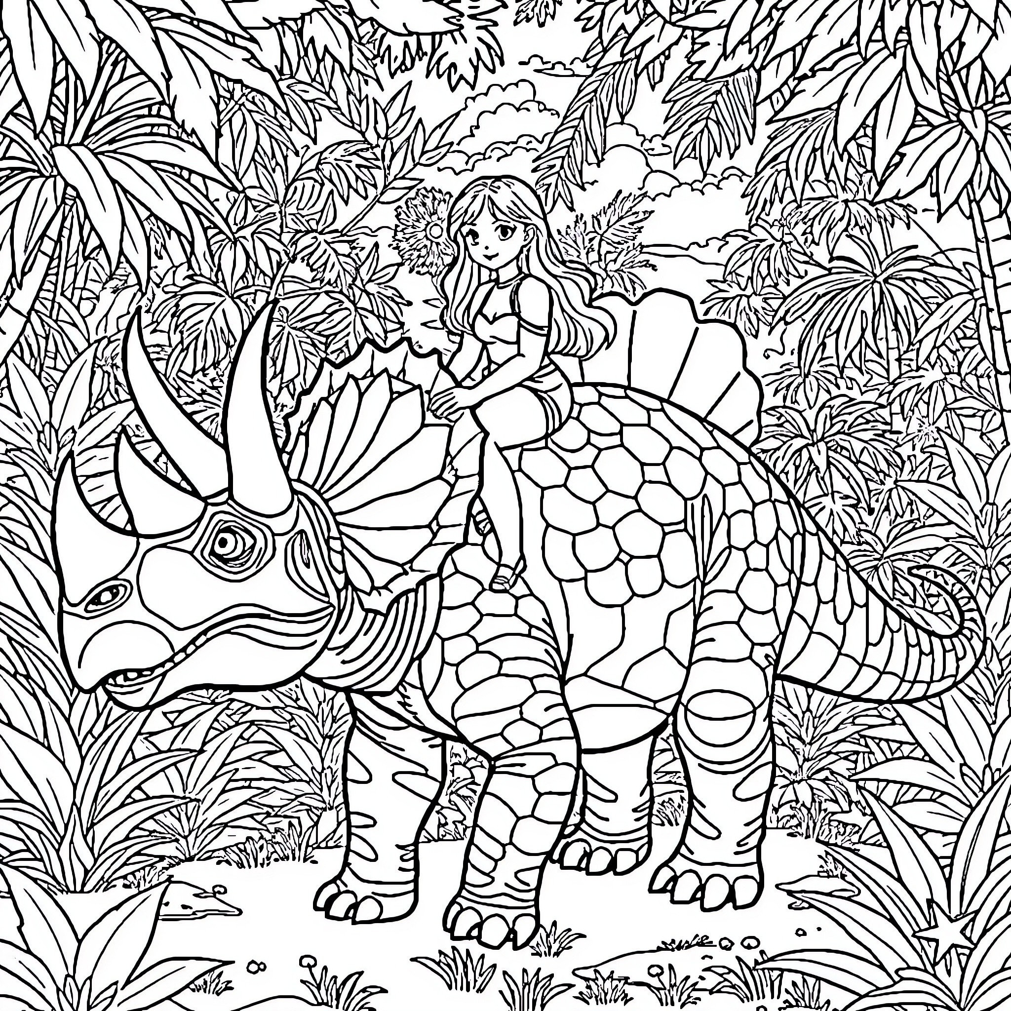 Triceratops and Mermaid in Lush Jungle Scene Coloring Page (free black-and-white line drawing printable PDF for all, from beginners to advanced learners, including children, teens, adults, and seniors)