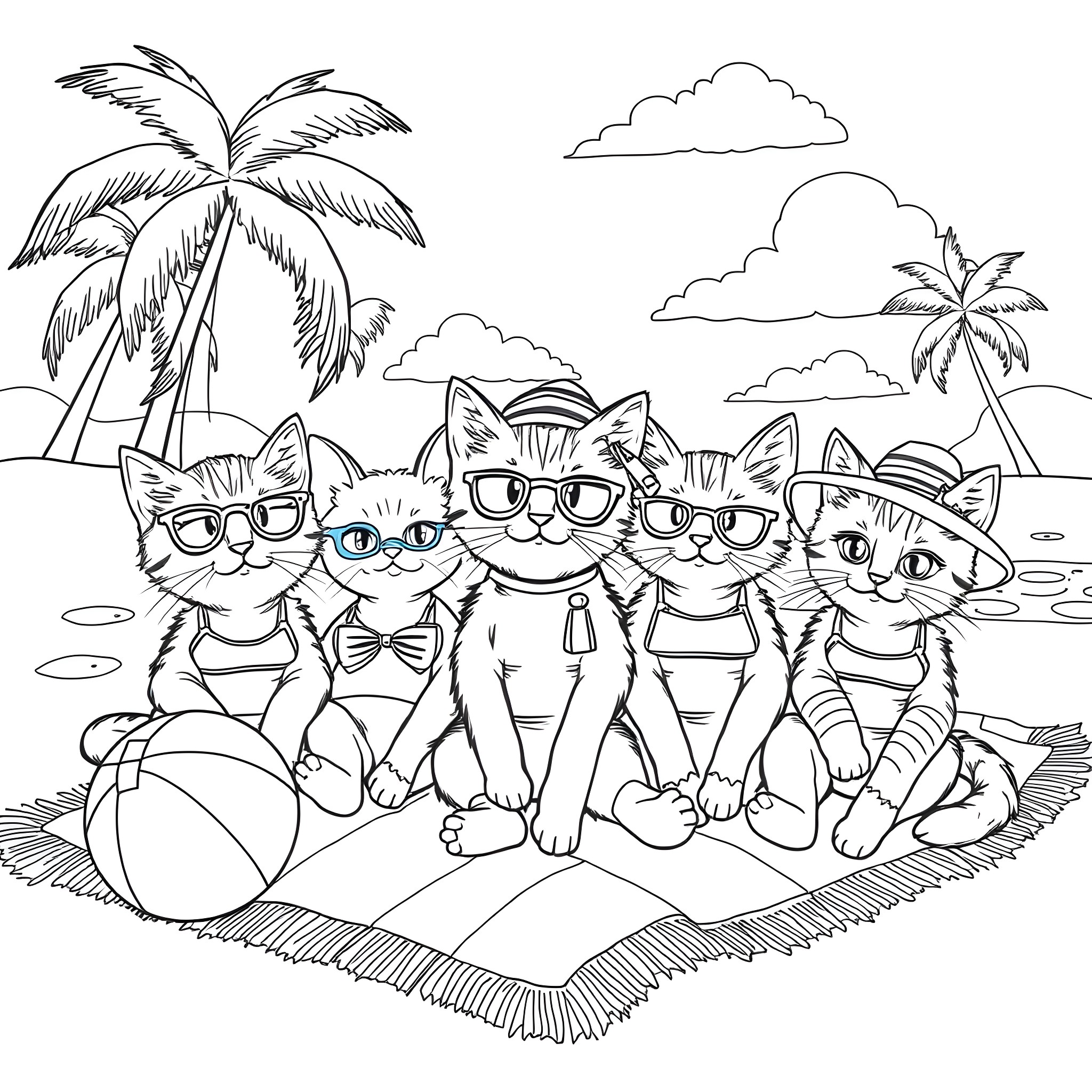 Kitty beach day with sunglasses and beach ball Coloring Page (free black-and-white line drawing printable PDF for all, from beginners to advanced learners, including children, teens, adults, and seniors)