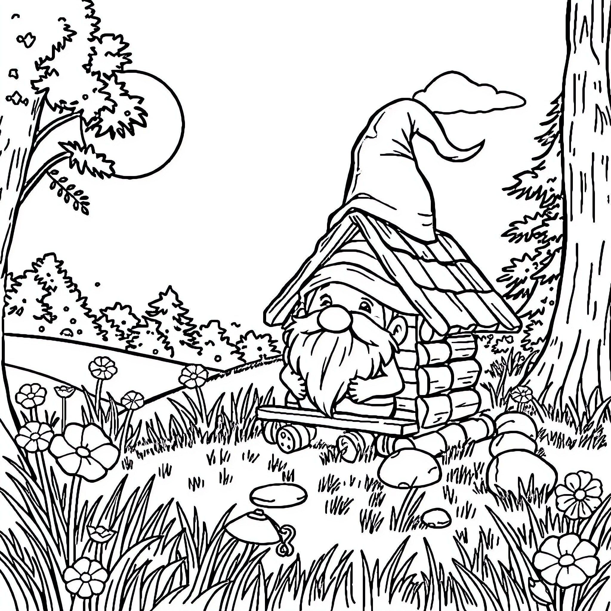 Gnome living in the enchanted forest Coloring Page (free black-and-white line drawing printable PDF for all, from beginners to advanced learners, including children, teens, adults, and seniors)
