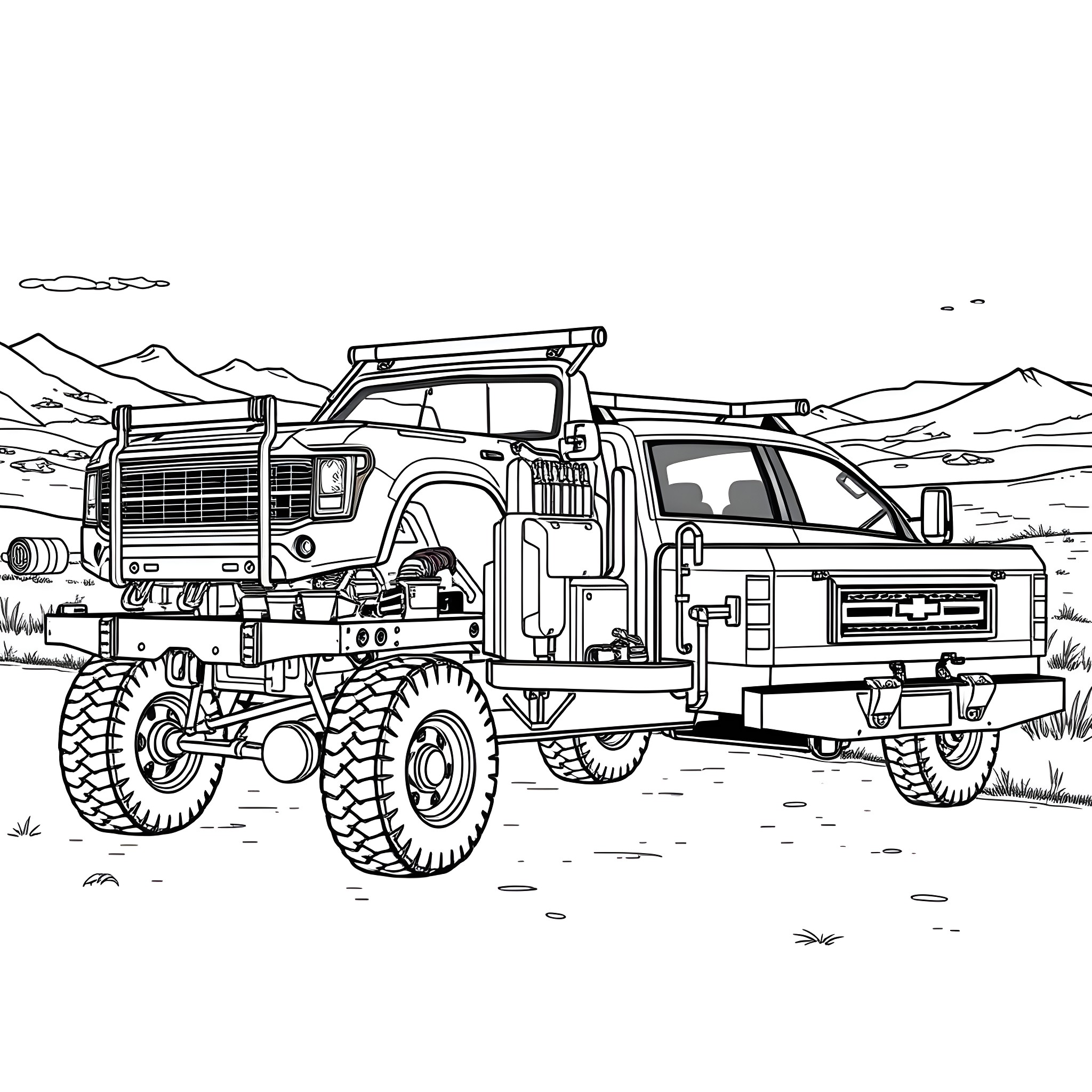 Car Trailer Carrying Rugged Pickup Truck in Mountainous Landscape Coloring Page (free black-and-white line drawing printable PDF for all, from beginners to advanced learners, including children, teens, adults, and seniors)